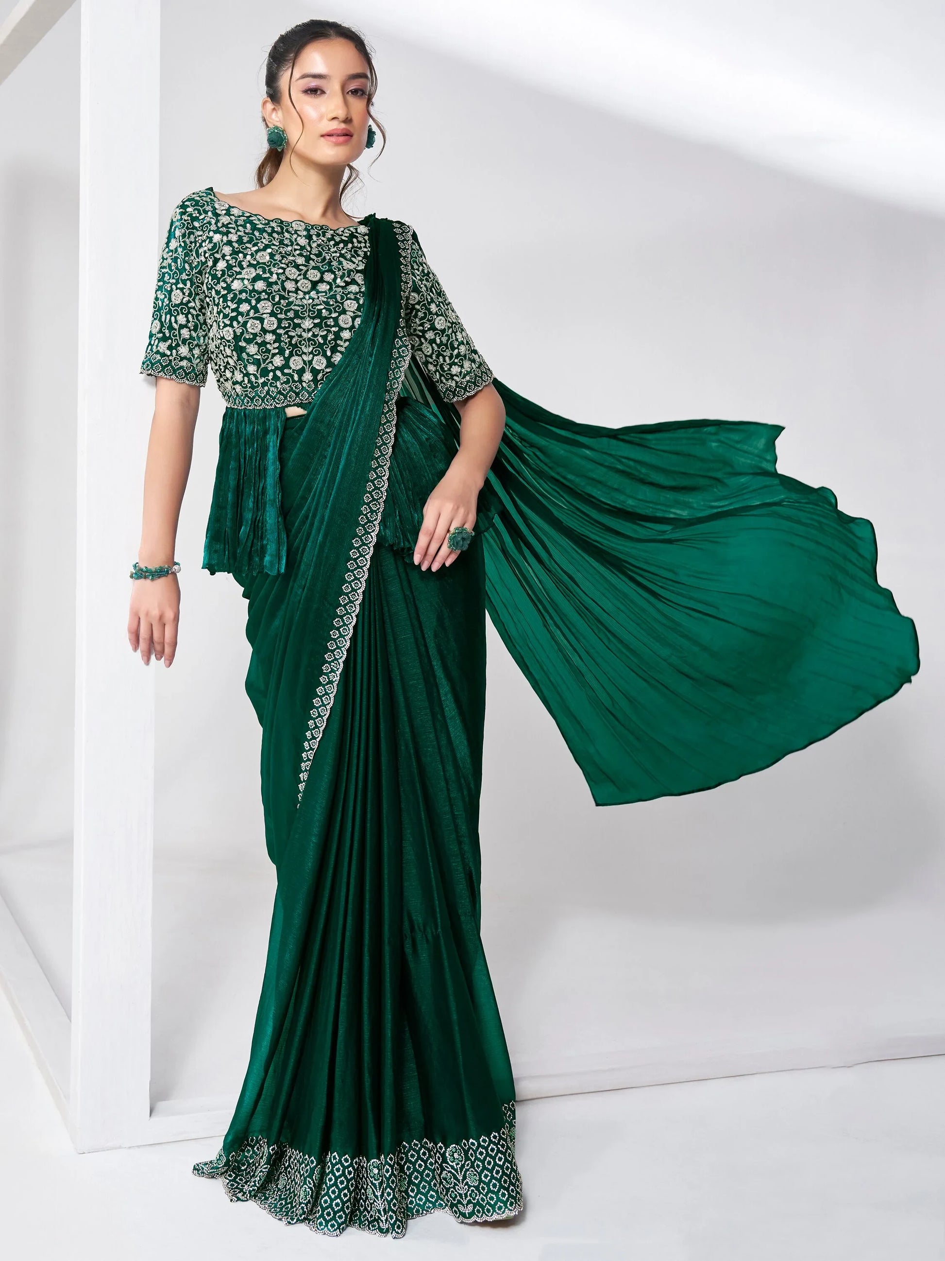 Amazing Green Lace Work Chiffon Event Wear Saree With Blouse - Zeel Clothing