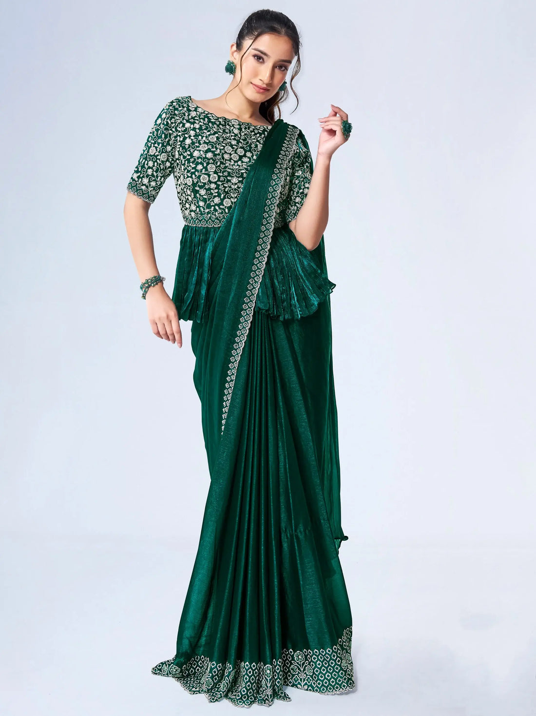 Amazing Green Lace Work Chiffon Event Wear Saree With Blouse - Zeel Clothing