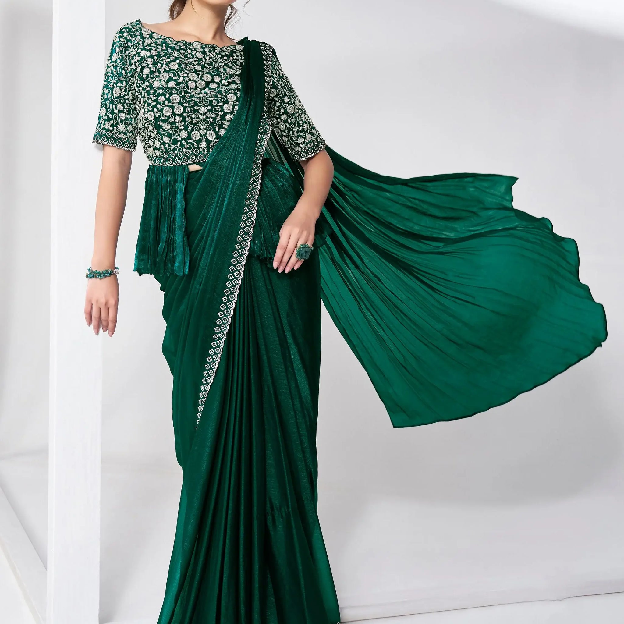 Amazing Green Lace Work Chiffon Event Wear Saree With Blouse - Zeel Clothing