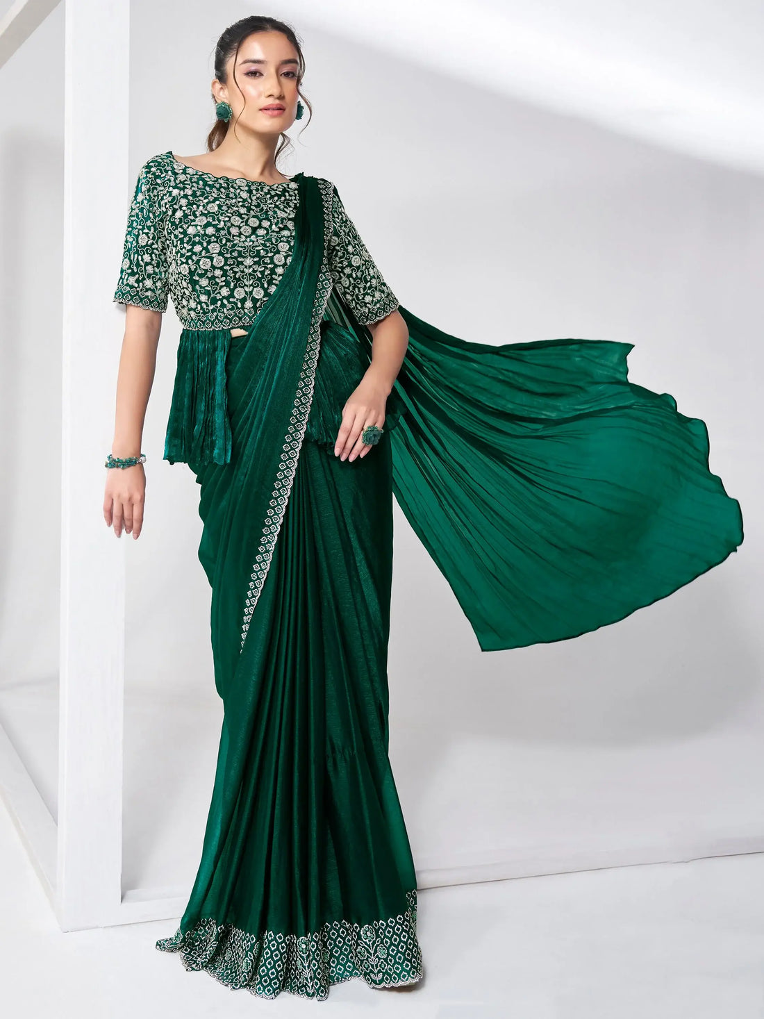Amazing Green Lace Work Chiffon Event Wear Saree With Blouse - Zeel Clothing