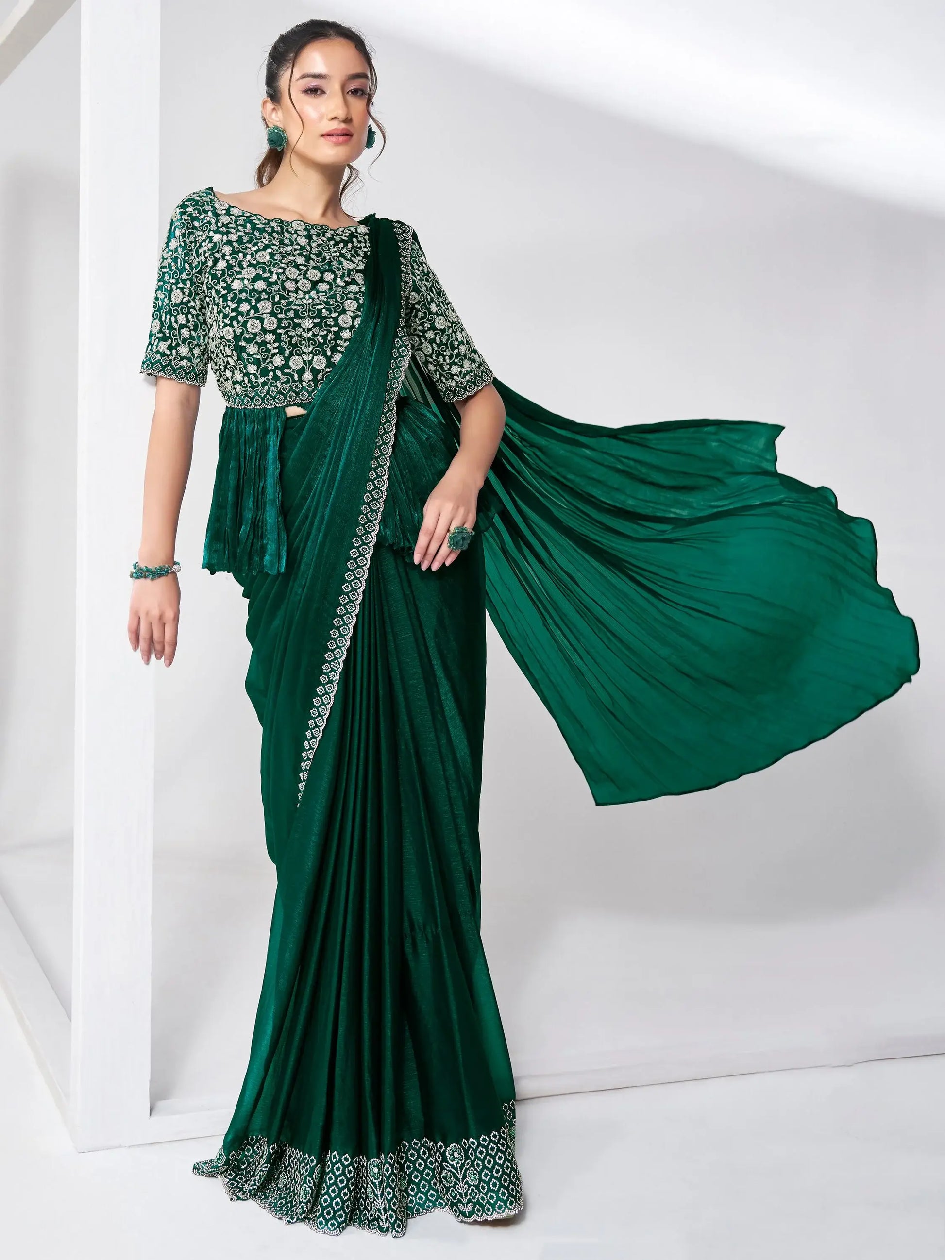 Amazing Green Lace Work Chiffon Event Wear Saree With Blouse - Zeel Clothing