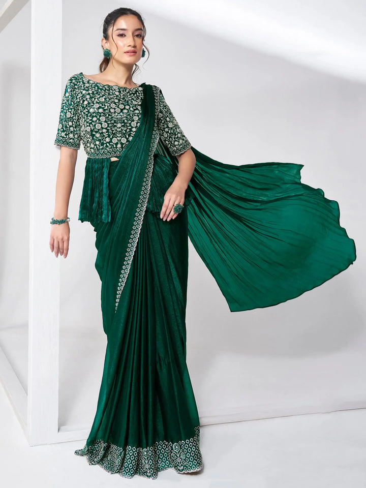 Amazing Green Lace Work Chiffon Event Wear Saree With Blouse - Zeel Clothing