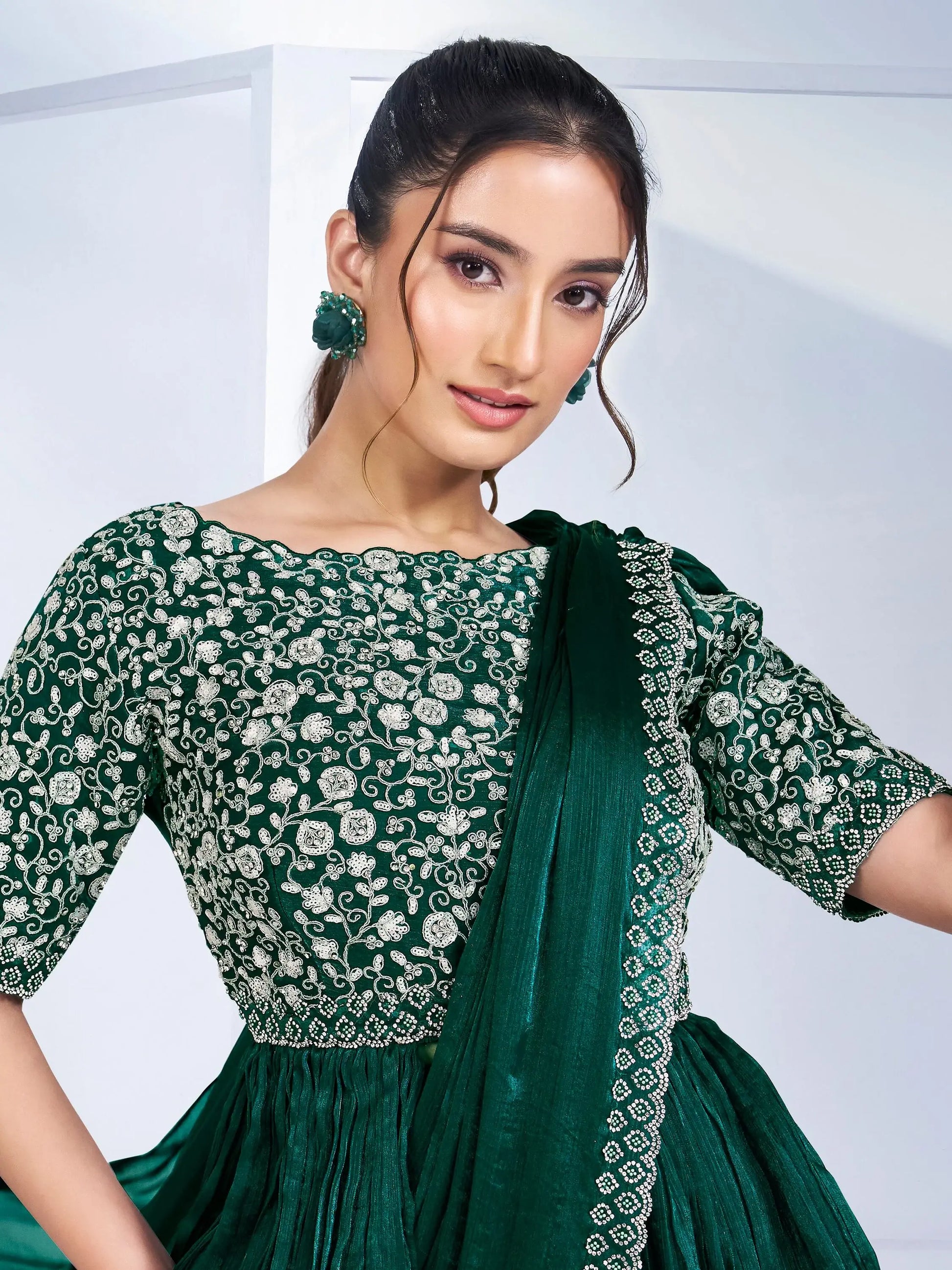 Amazing Green Lace Work Chiffon Event Wear Saree With Blouse - Zeel Clothing