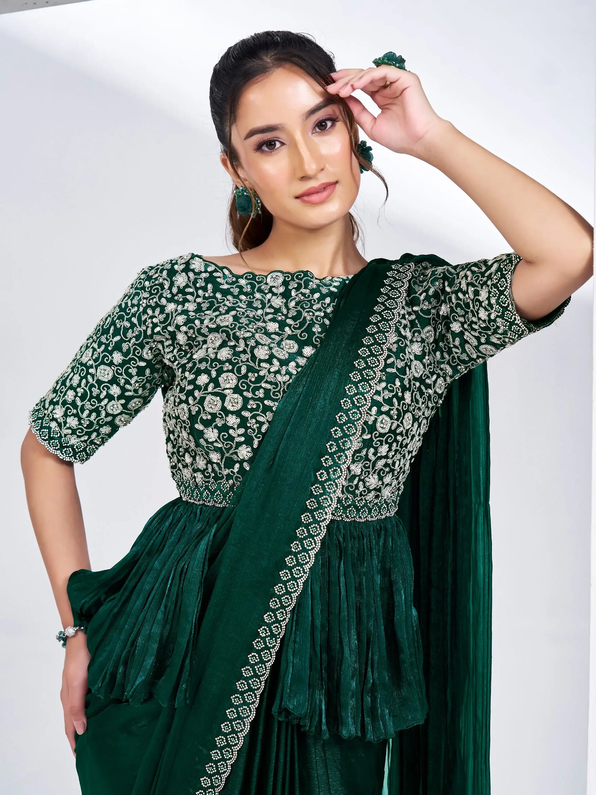 Amazing Green Lace Work Chiffon Event Wear Saree With Blouse - Zeel Clothing