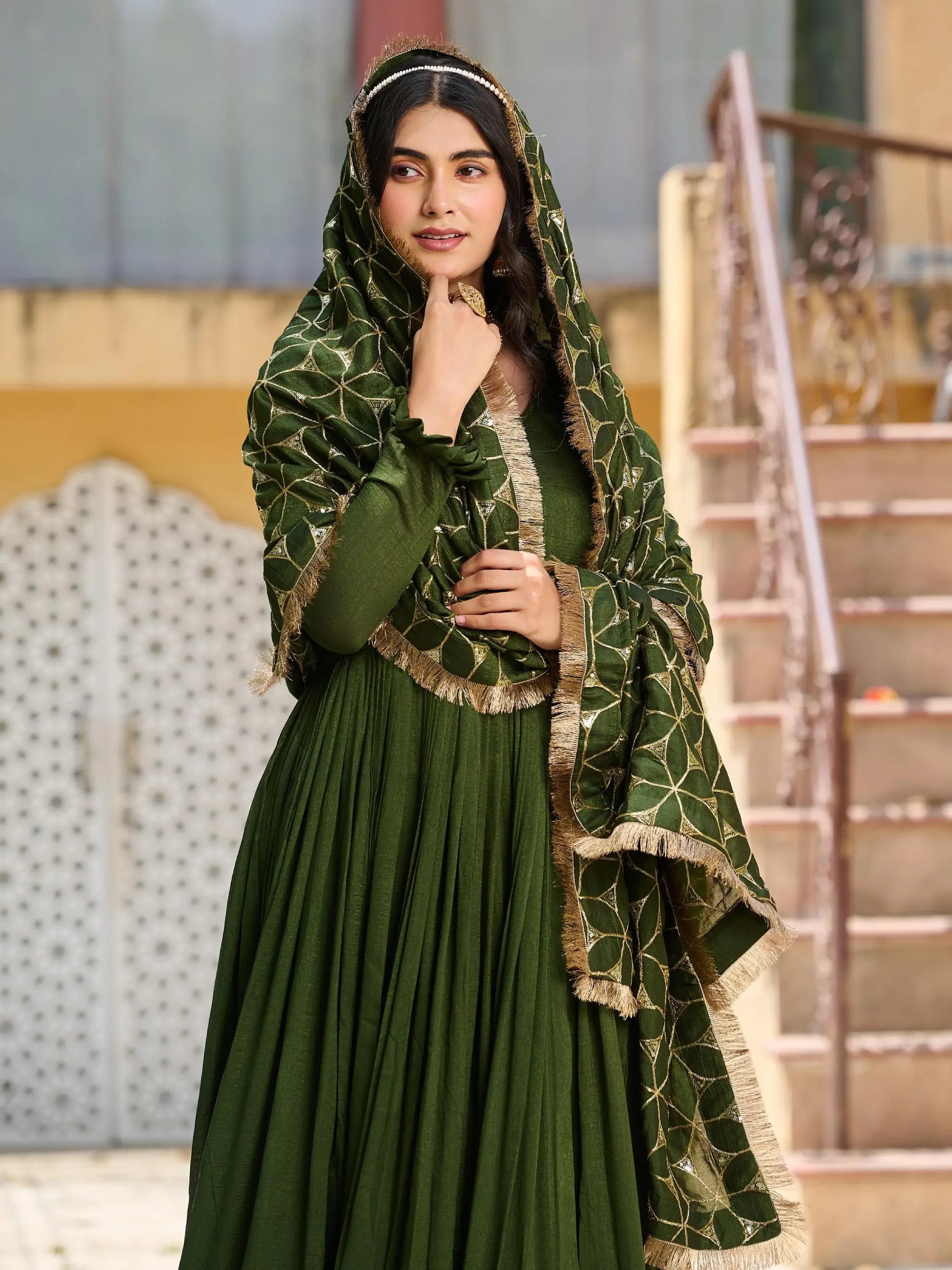 Amazing Green Sequins Embroidery Vichitra Silk Mehendi Wear Gown With Dupatta - Zeel Clothing