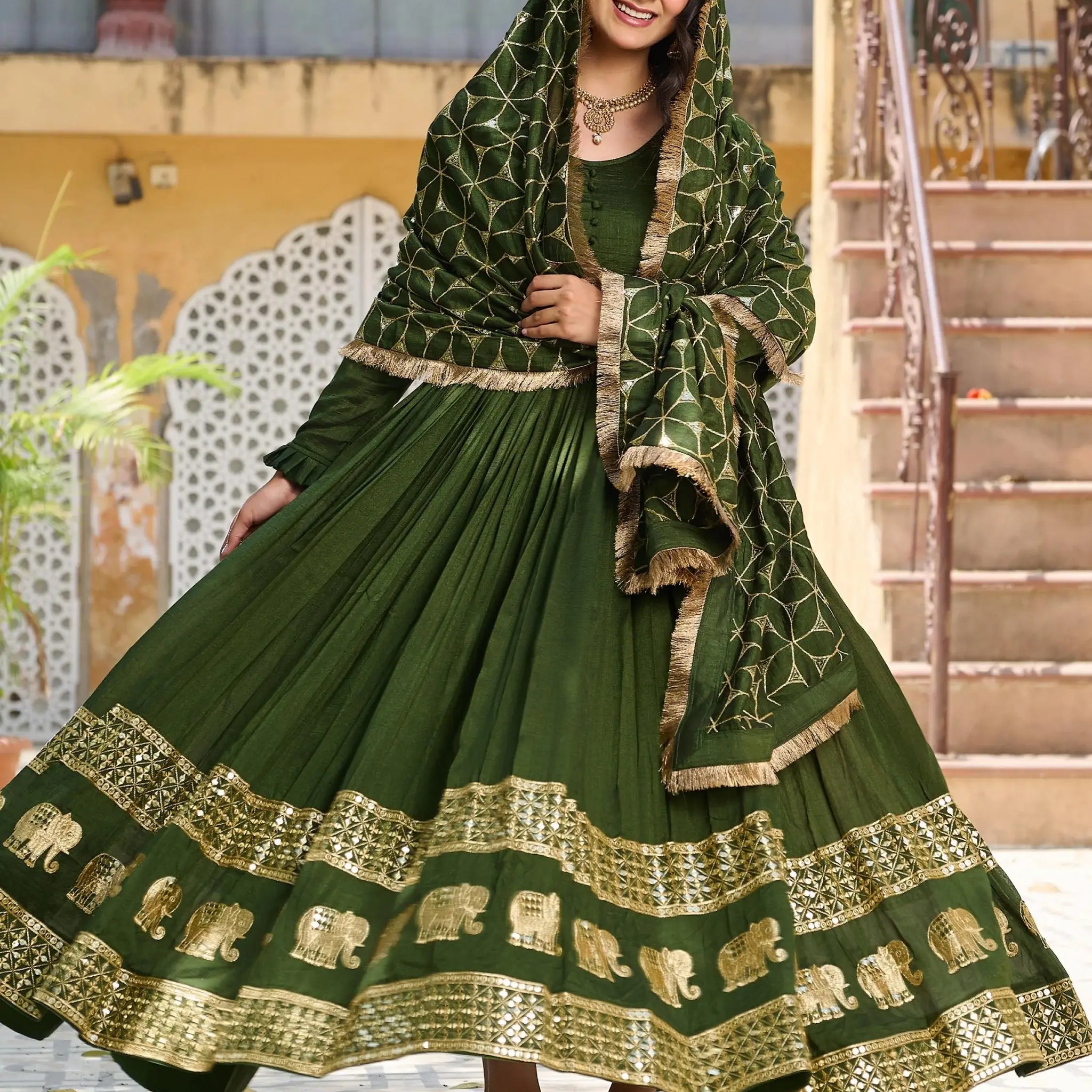 Amazing Green Sequins Embroidery Vichitra Silk Mehendi Wear Gown With Dupatta - Zeel Clothing