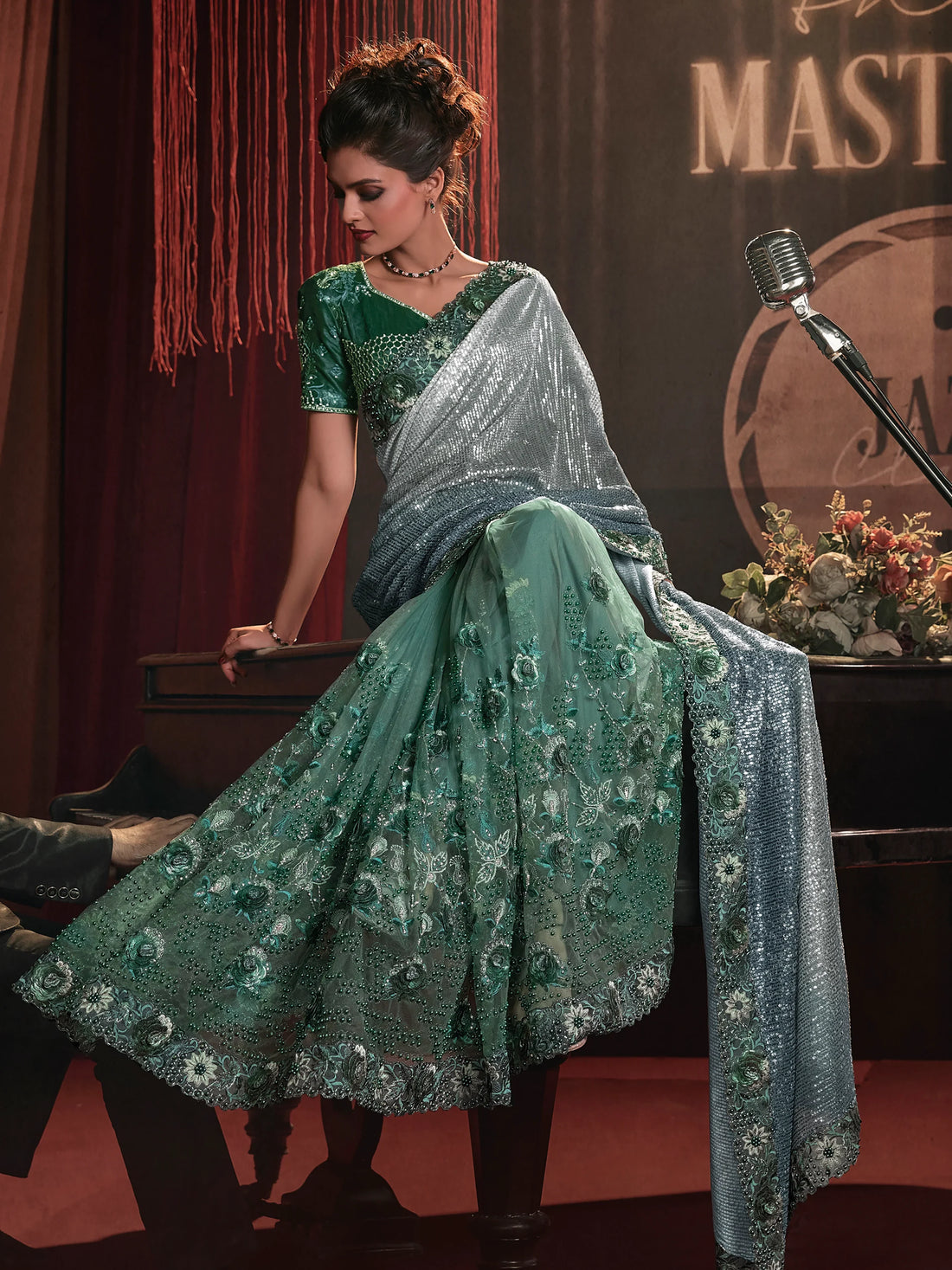 Amazing Green Sequins Net Party Wear Saree With Blouse - Zeel Clothing