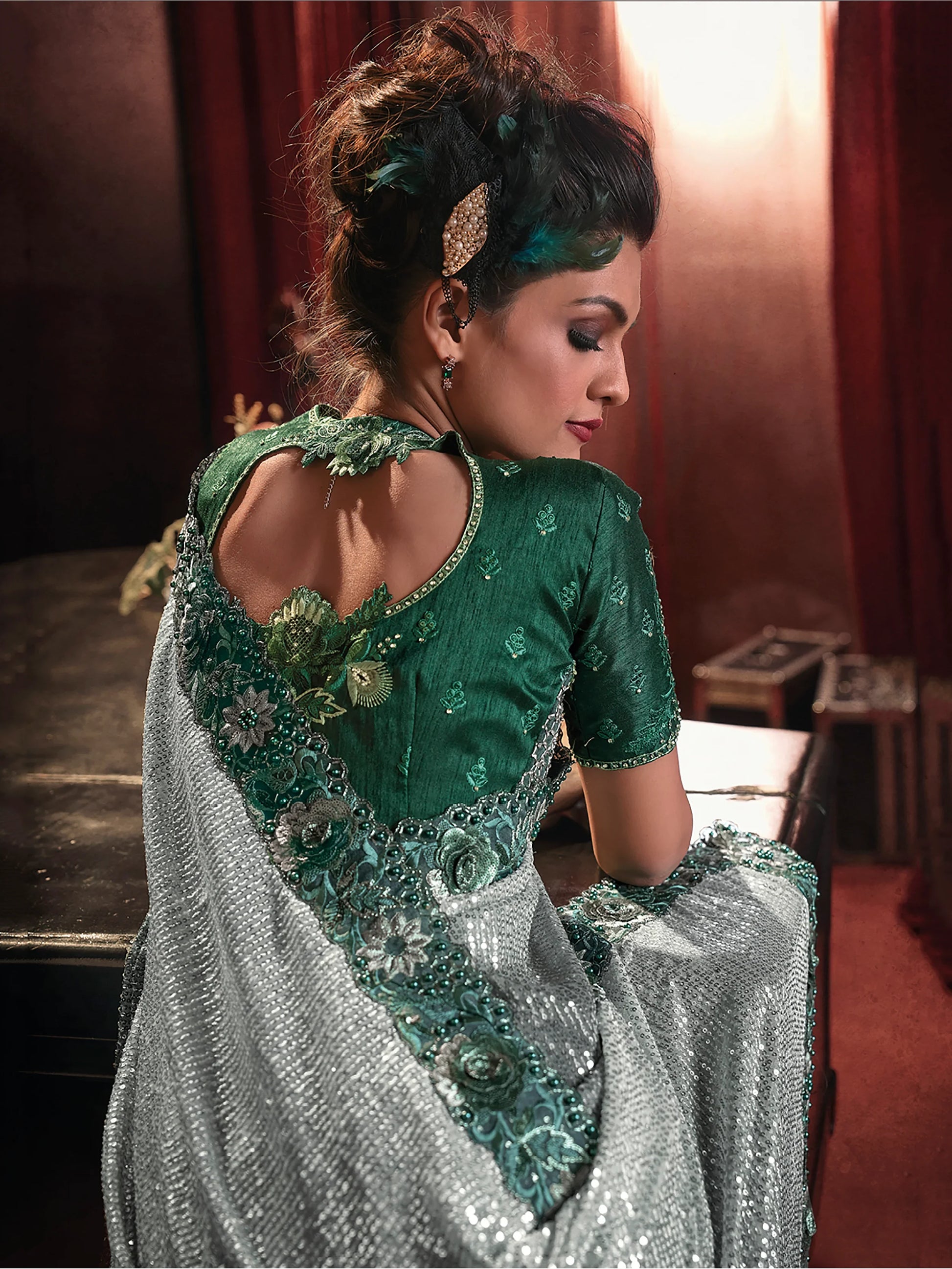 Amazing Green Sequins Net Party Wear Saree With Blouse - Zeel Clothing