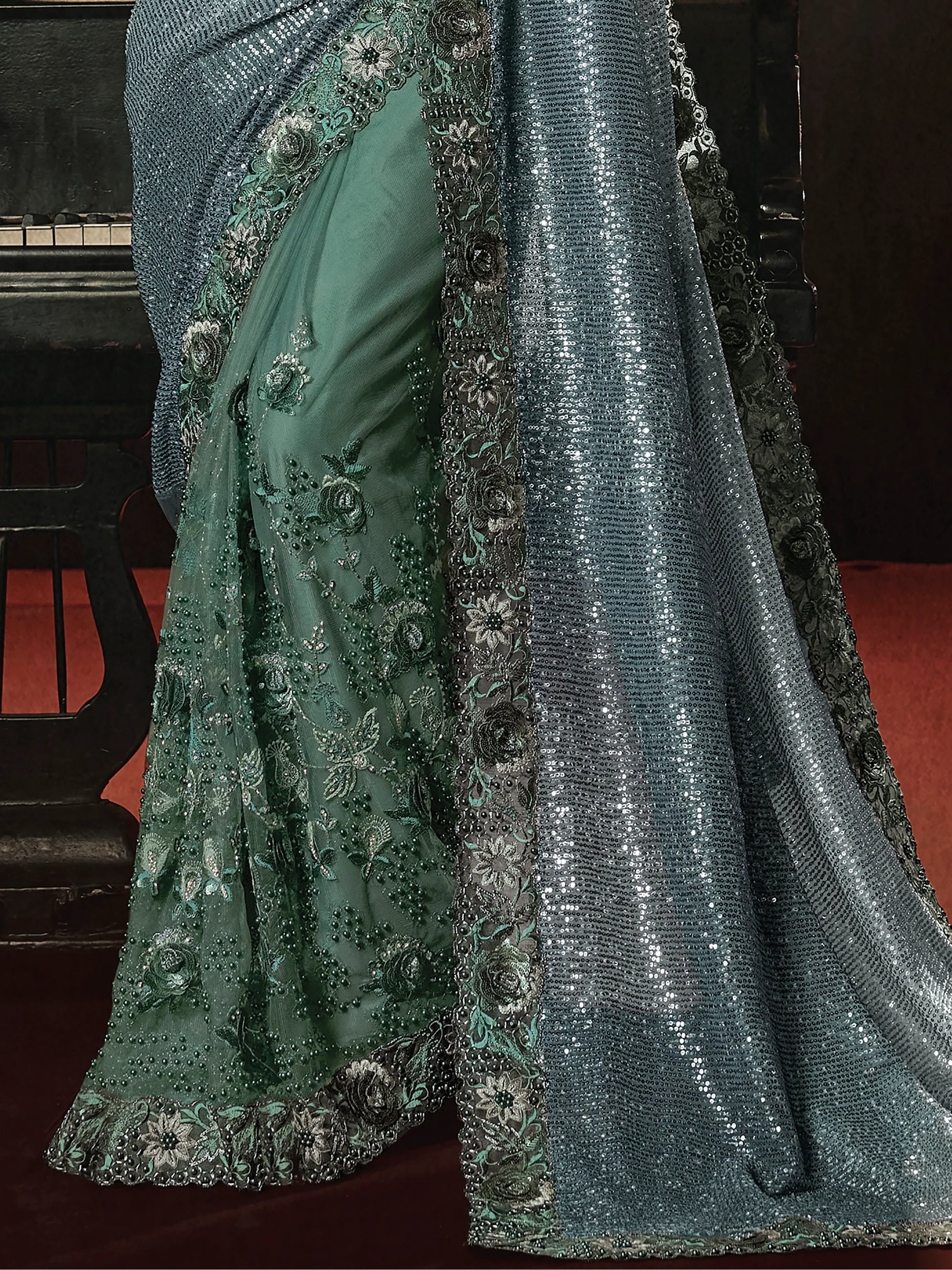 Amazing Green Sequins Net Party Wear Saree With Blouse - Zeel Clothing