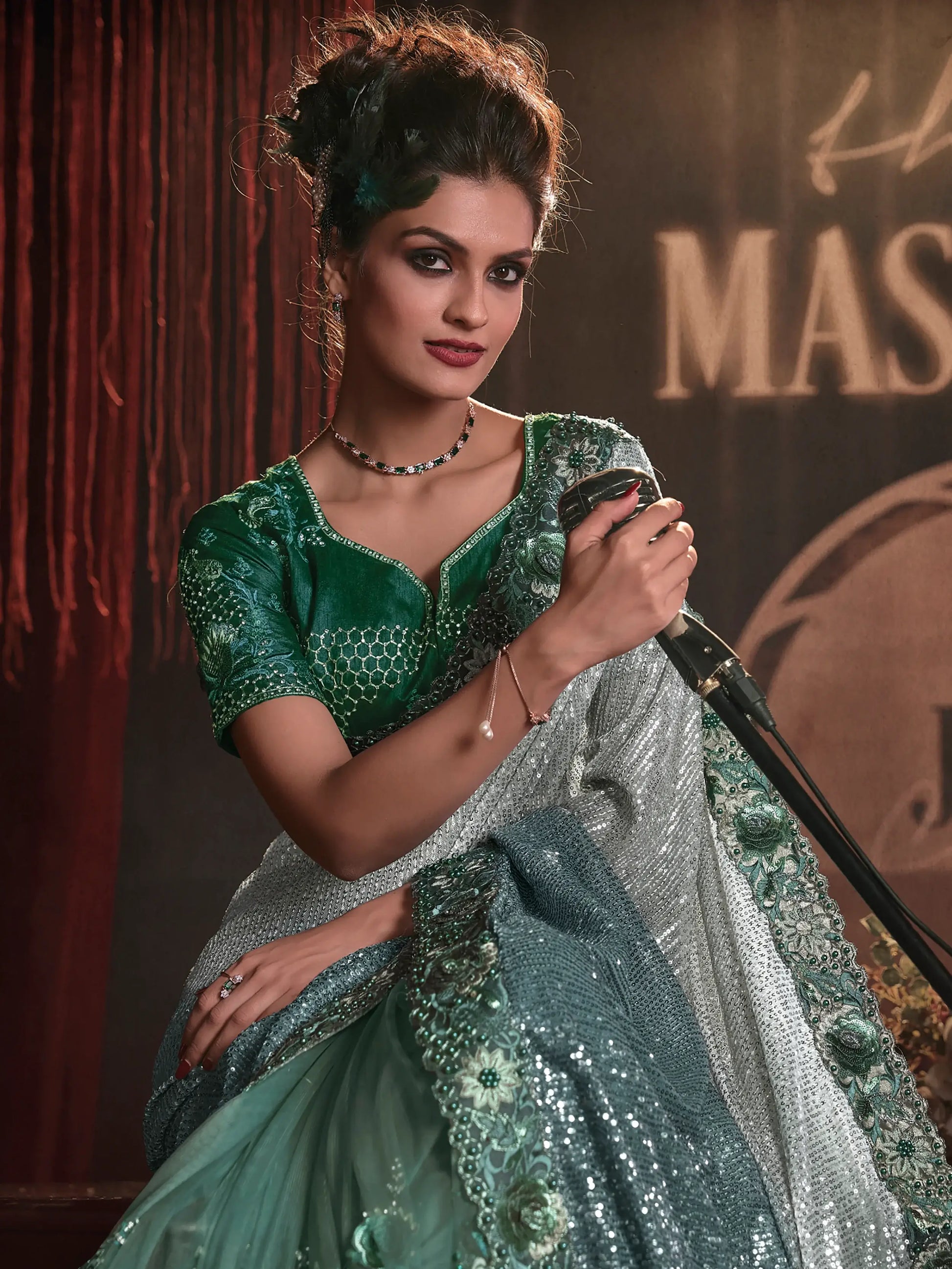 Amazing Green Sequins Net Party Wear Saree With Blouse - Zeel Clothing