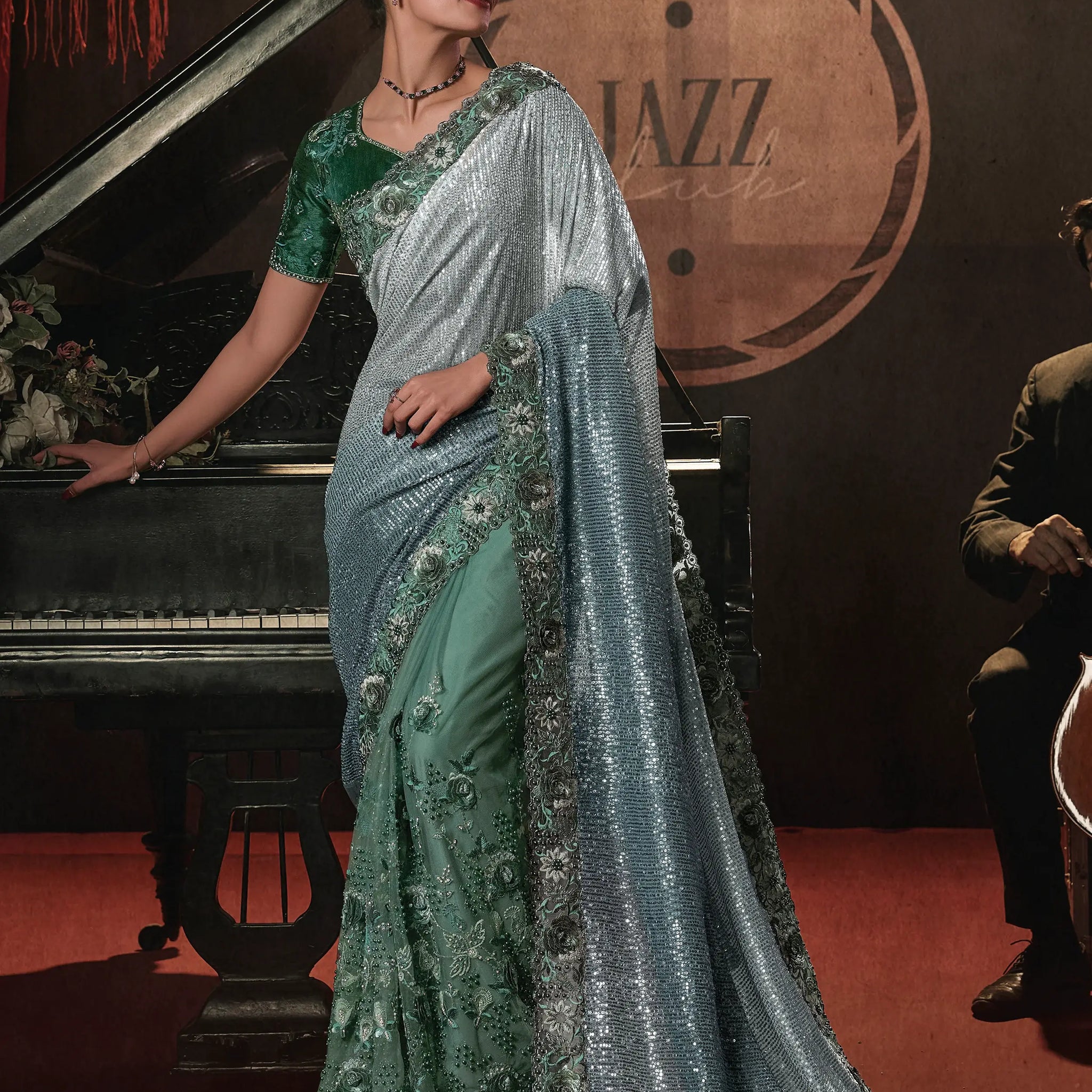 Amazing Green Sequins Net Party Wear Saree With Blouse - Zeel Clothing
