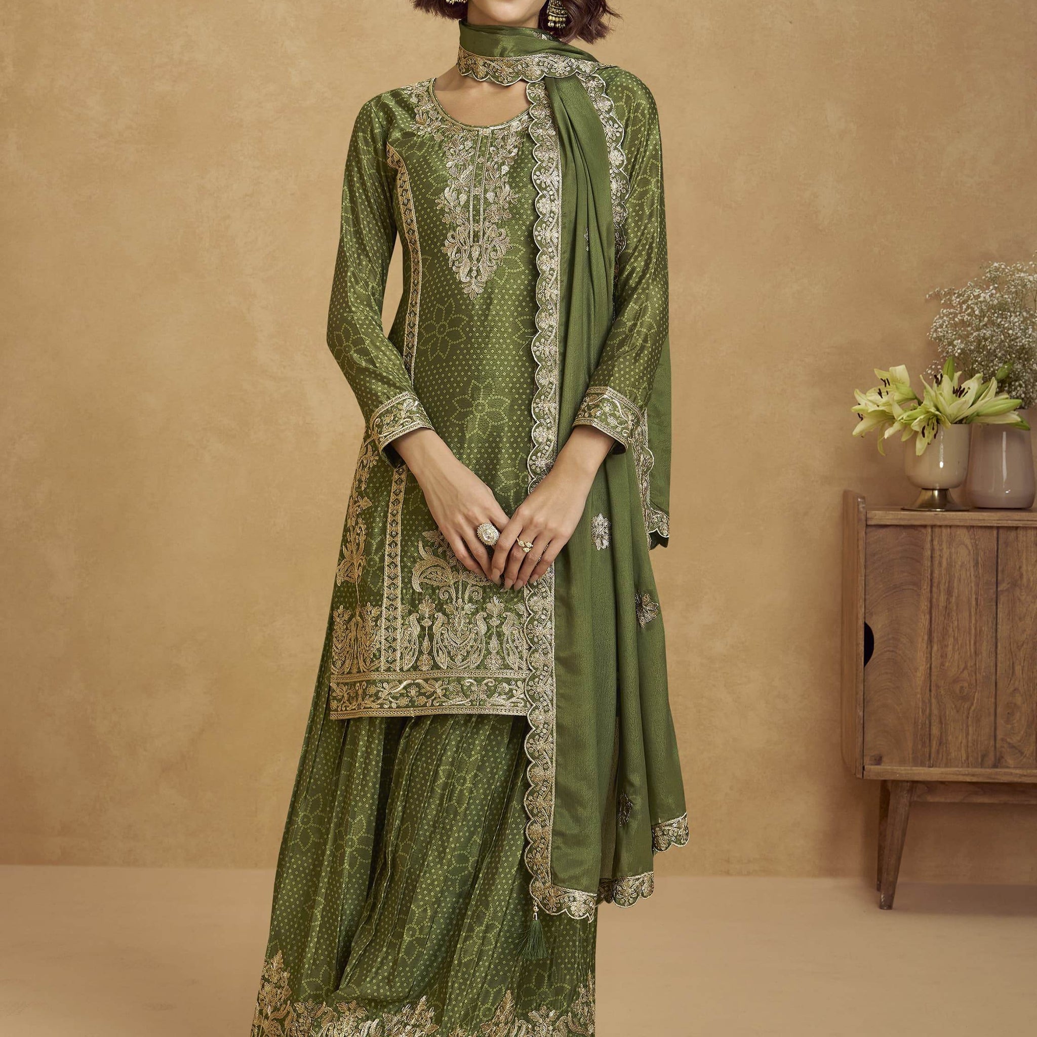 Amazing Green Zari Work Chinon Festive Wear Palazzo Suit With Dupatta - Zeel Clothing