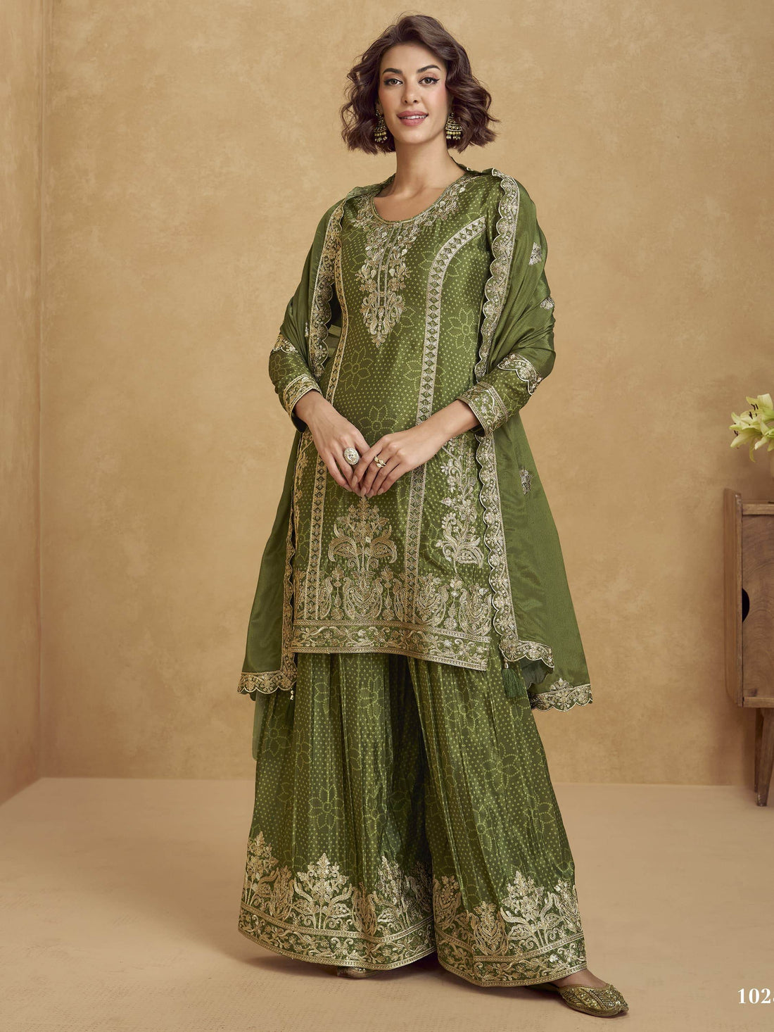 Amazing Green Zari Work Chinon Festive Wear Palazzo Suit With Dupatta - Zeel Clothing