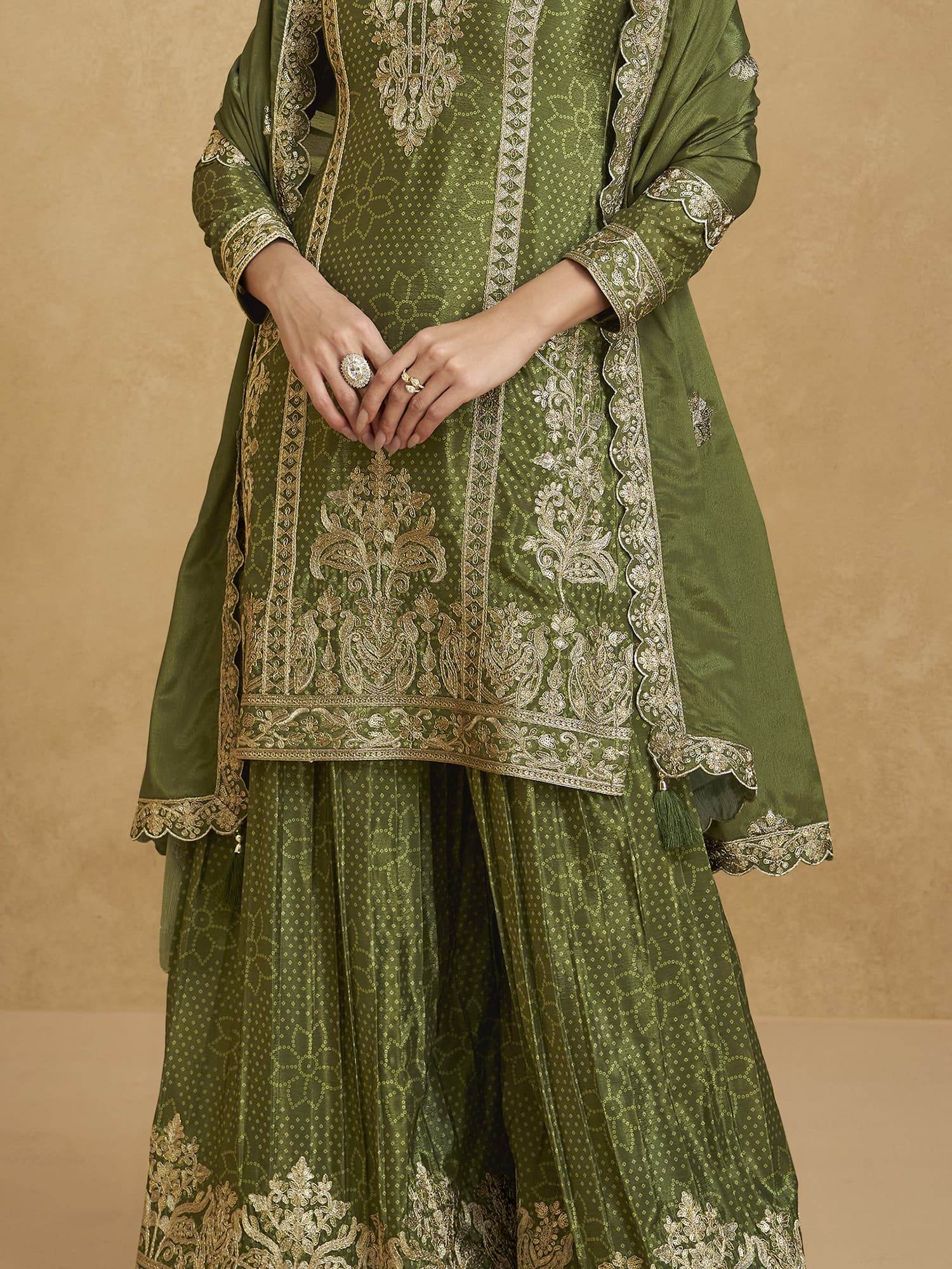 Amazing Green Zari Work Chinon Festive Wear Palazzo Suit With Dupatta - Zeel Clothing