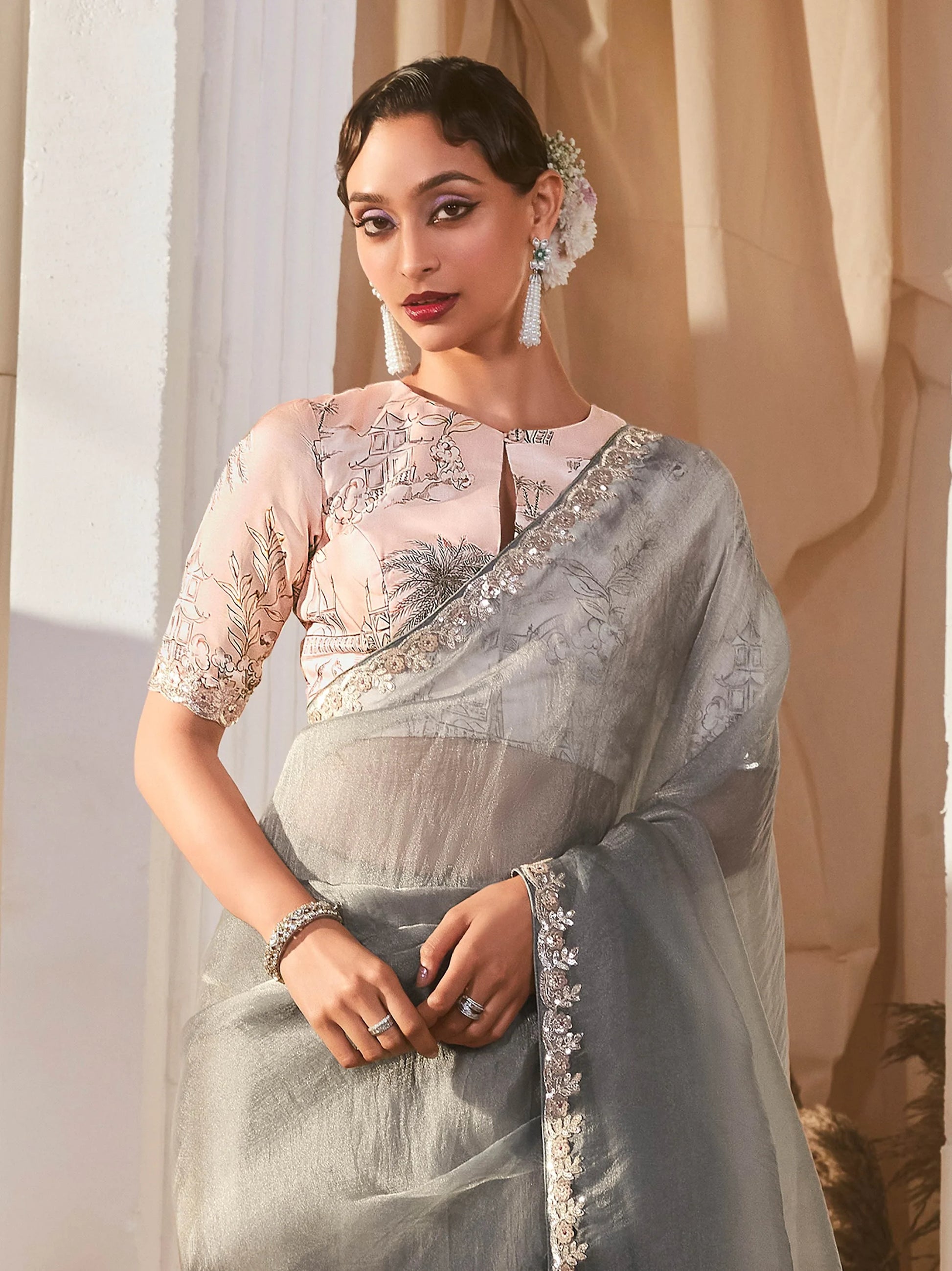 Amazing Grey Border Work Organza Reception Wear Saree With Blouse