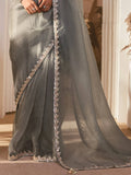 Amazing Grey Border Work Organza Reception Wear Saree With Blouse