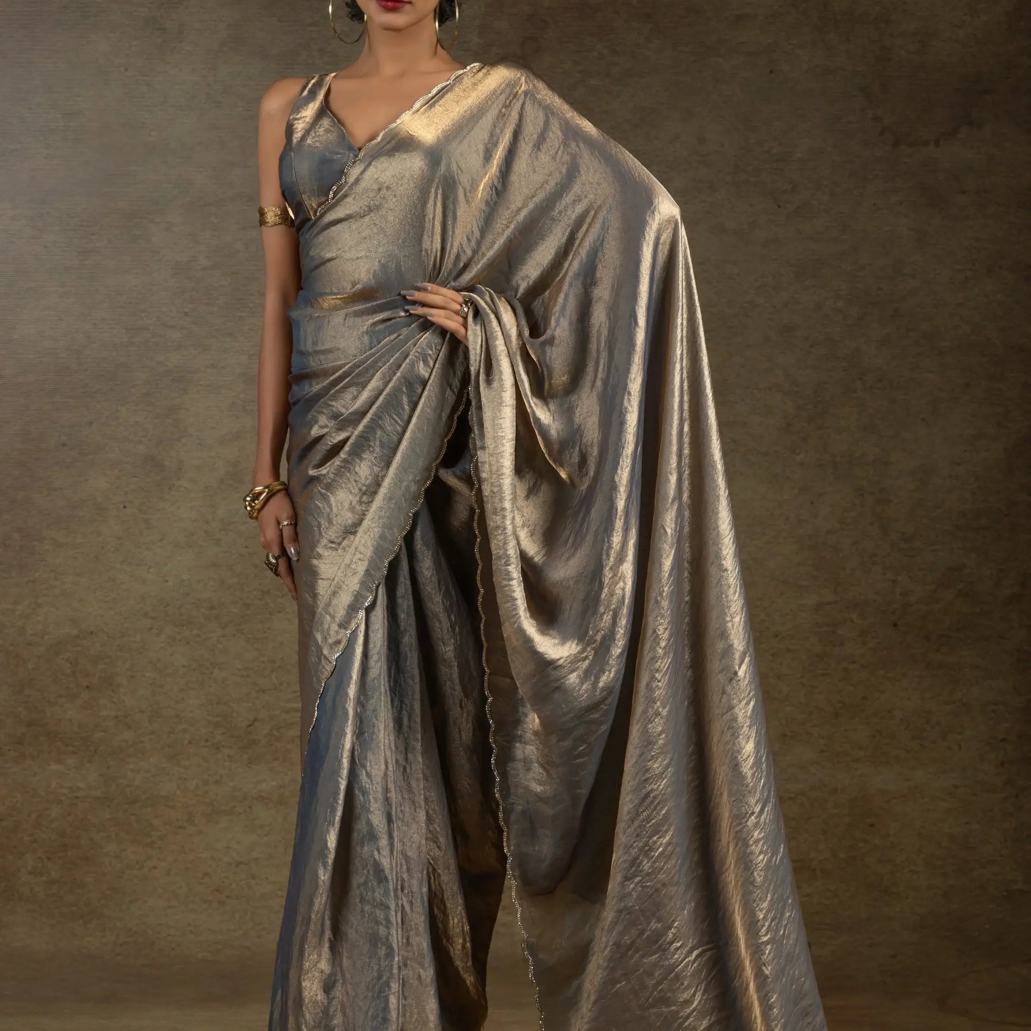 Amazing Grey Border Work Satin Party Wear Pre-Stitched Saree With Blouse - Zeel Clothing