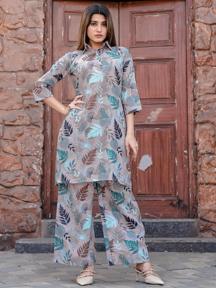 Amazing Grey Digital Printed Cotton Top Palazzo Co-Ord Set