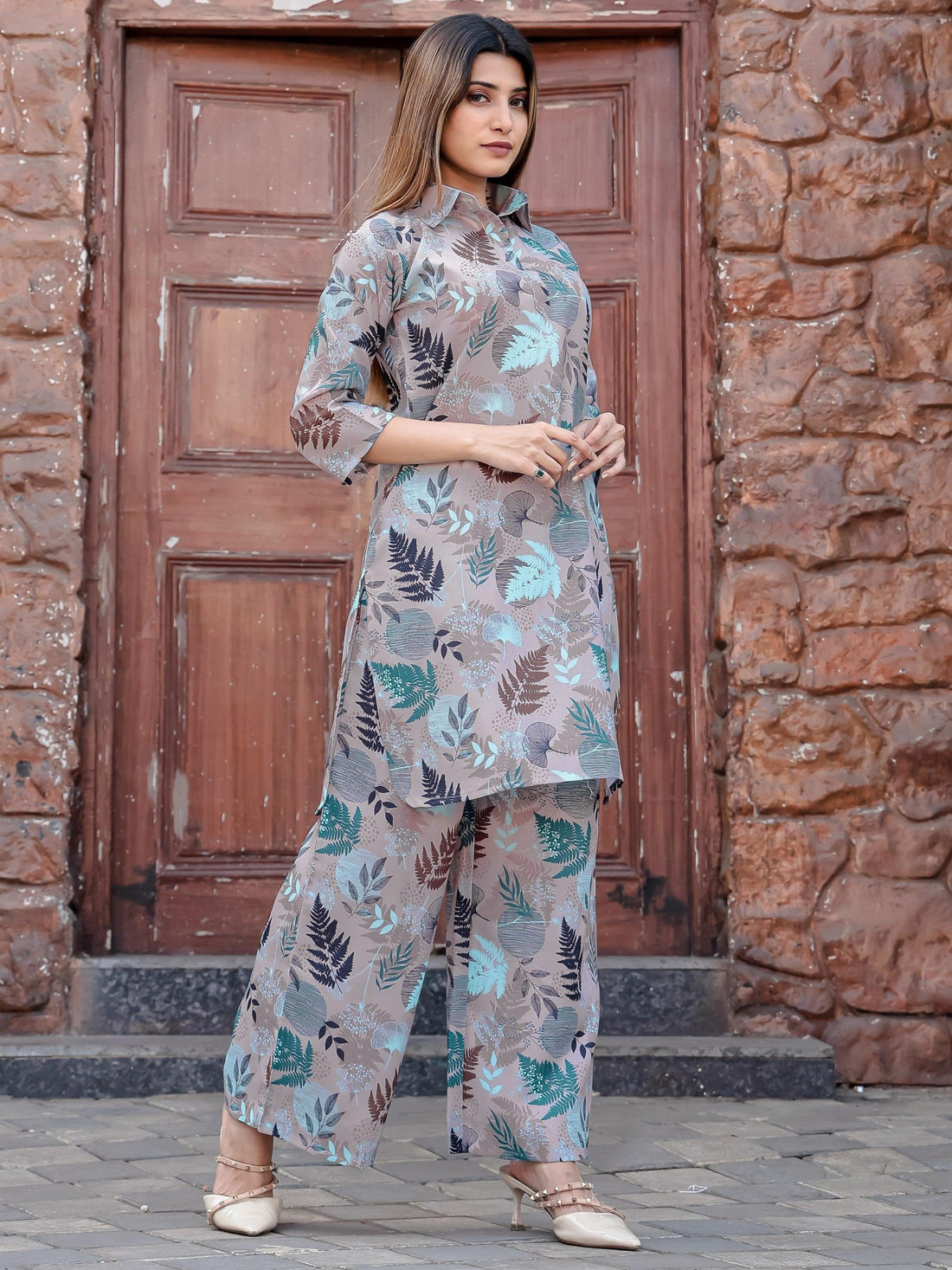 Amazing Grey Digital Printed Cotton Top Palazzo Co-Ord Set