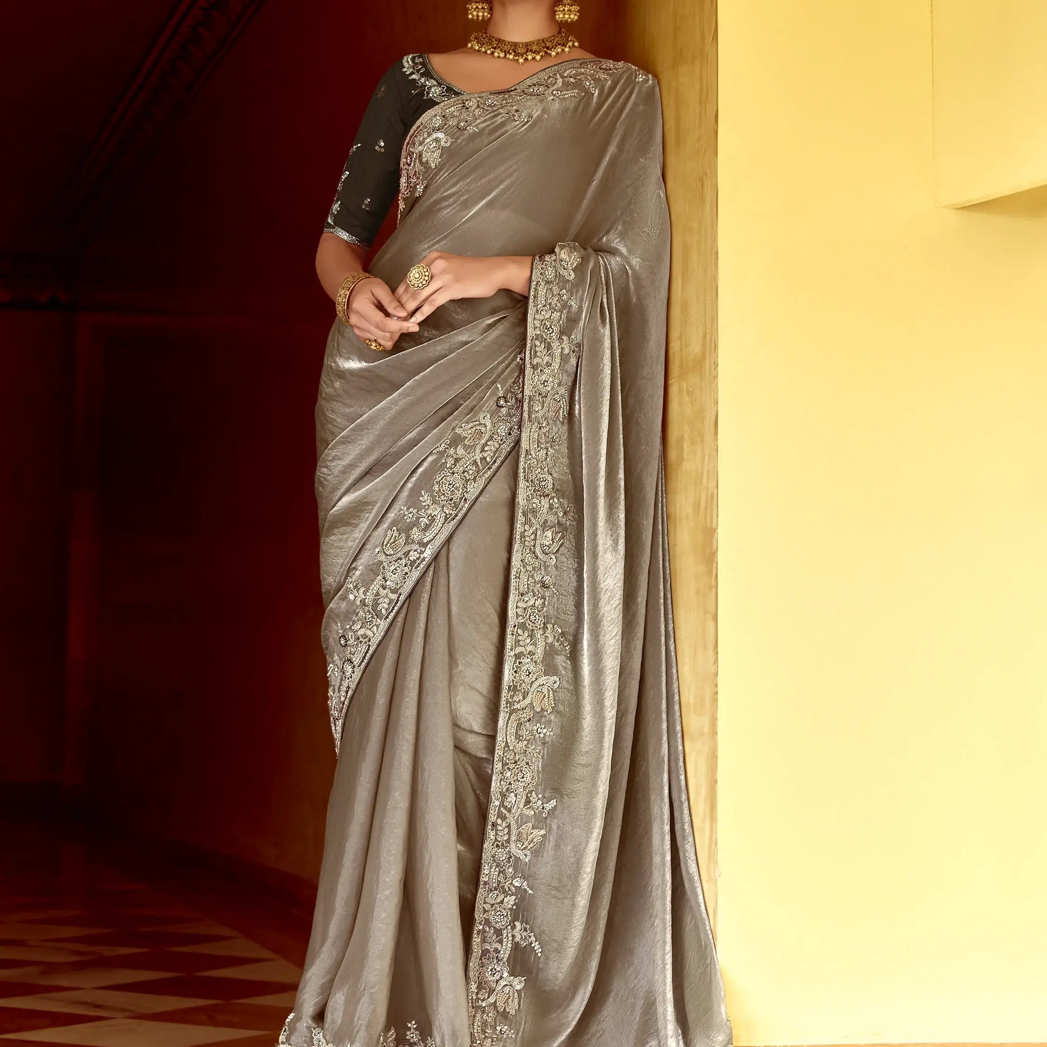 Amazing Grey Sequins Organza Traditional Wear Saree With Blouse - Zeel Clothing