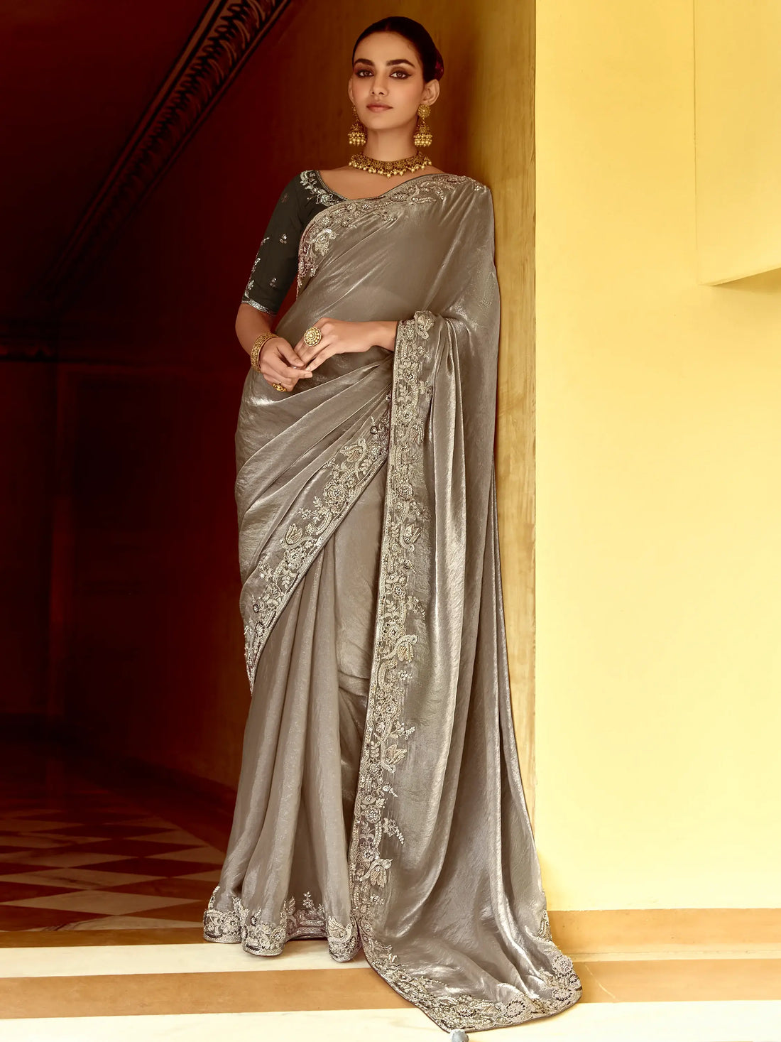 Amazing Grey Sequins Organza Traditional Wear Saree With Blouse - Zeel Clothing