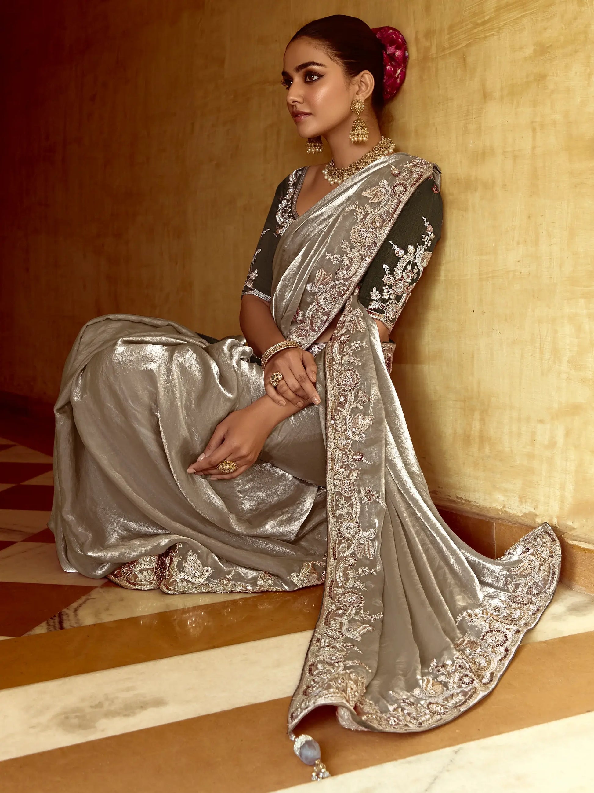 Amazing Grey Sequins Organza Traditional Wear Saree With Blouse - Zeel Clothing