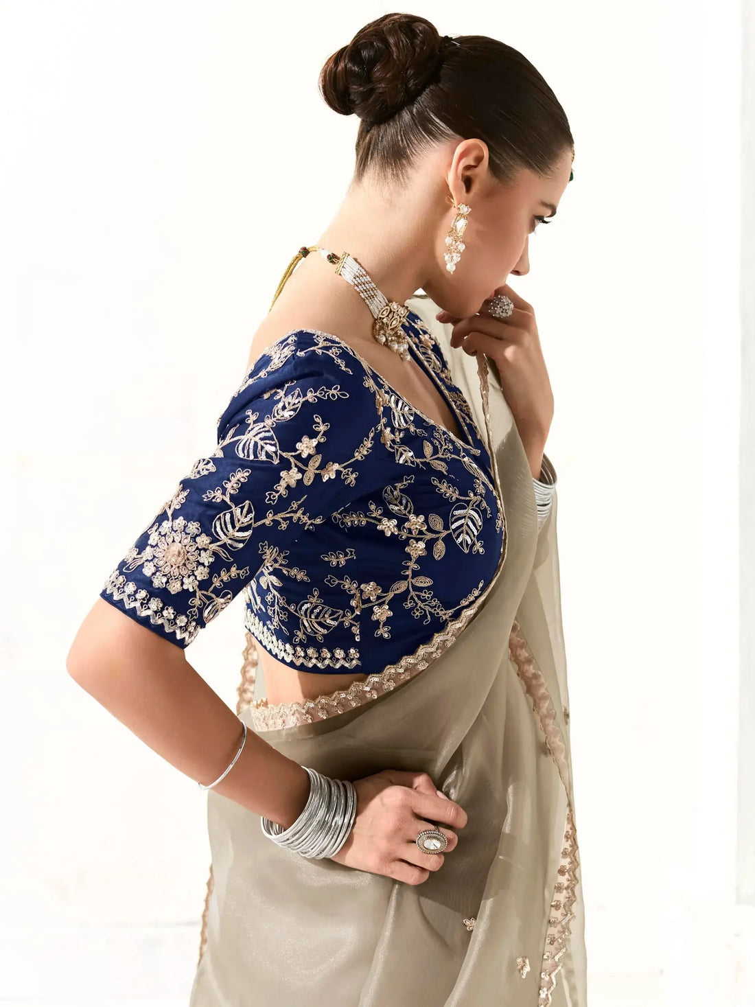 Amazing Grey Sequins Tissue Silk Party Wear Saree With Blouse - Zeel Clothing