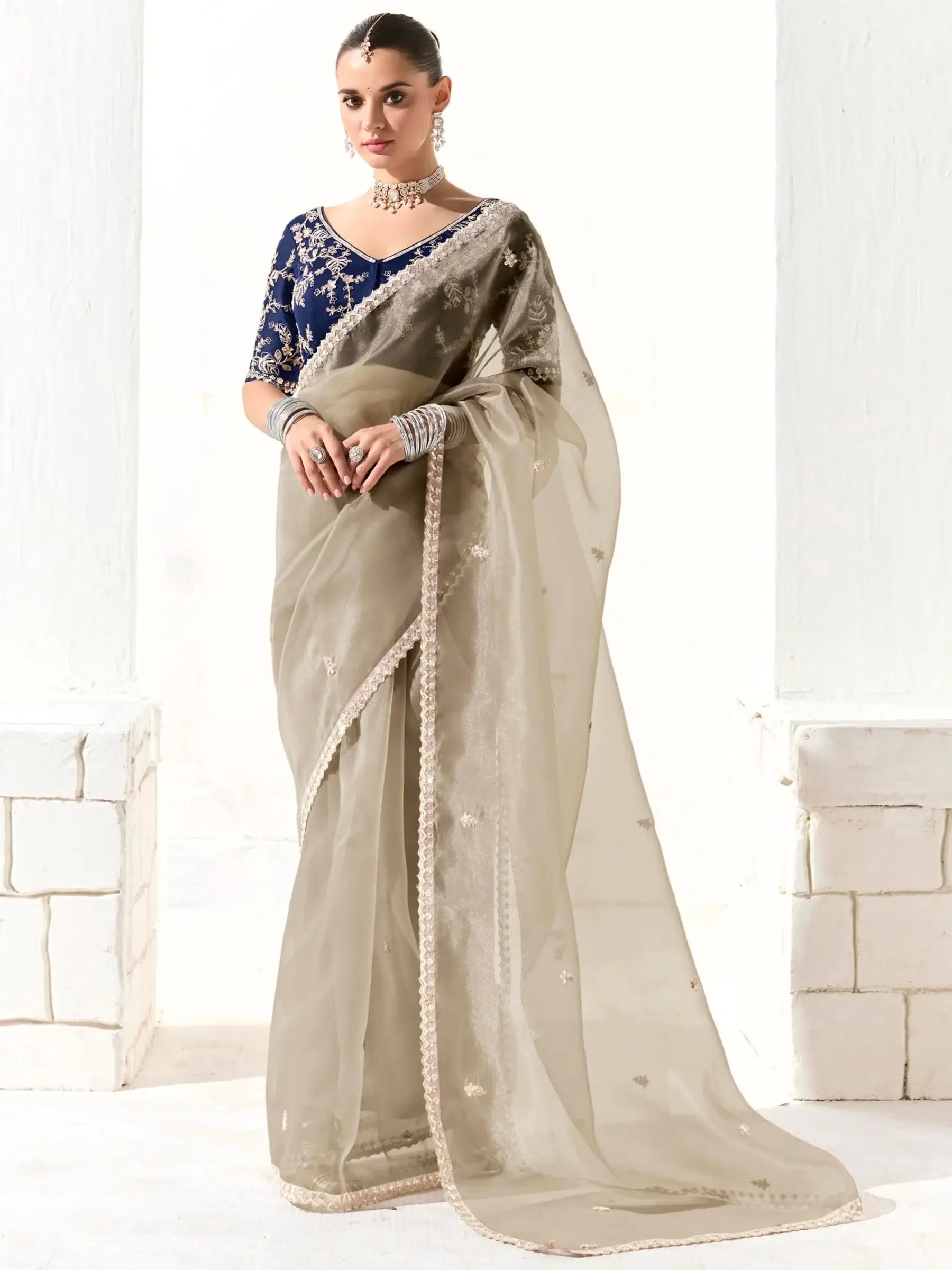 Amazing Grey Sequins Tissue Silk Party Wear Saree With Blouse - Zeel Clothing