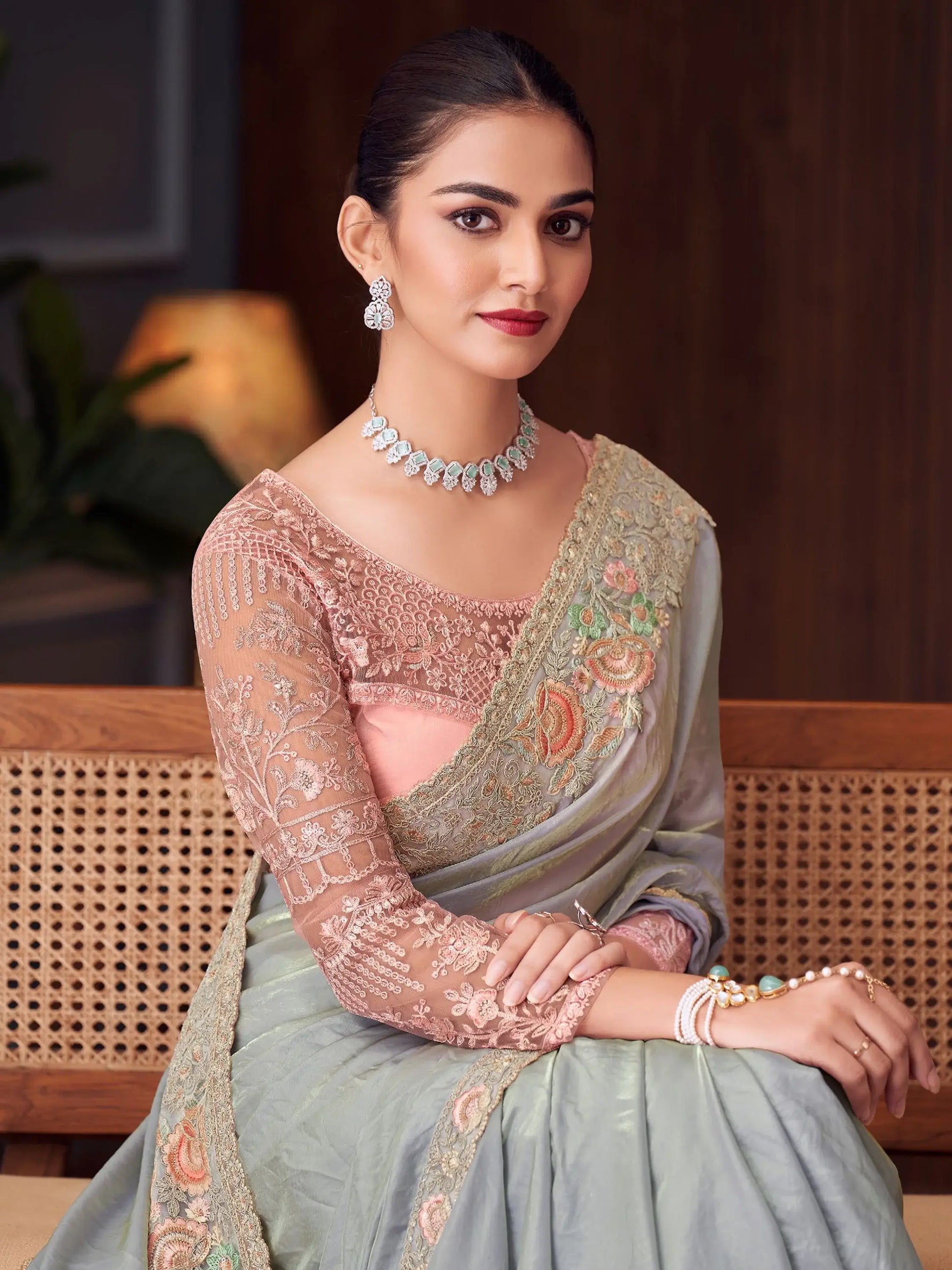 Amazing Grey Thread Work Satin Party Wear Saree With Blouse - Zeel Clothing