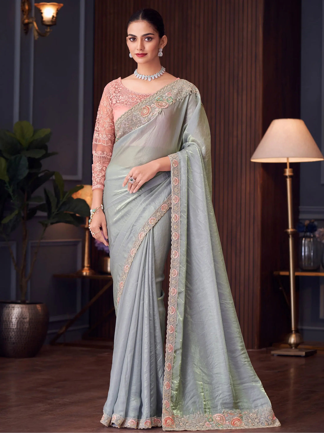 Amazing Grey Thread Work Satin Party Wear Saree With Blouse - Zeel Clothing