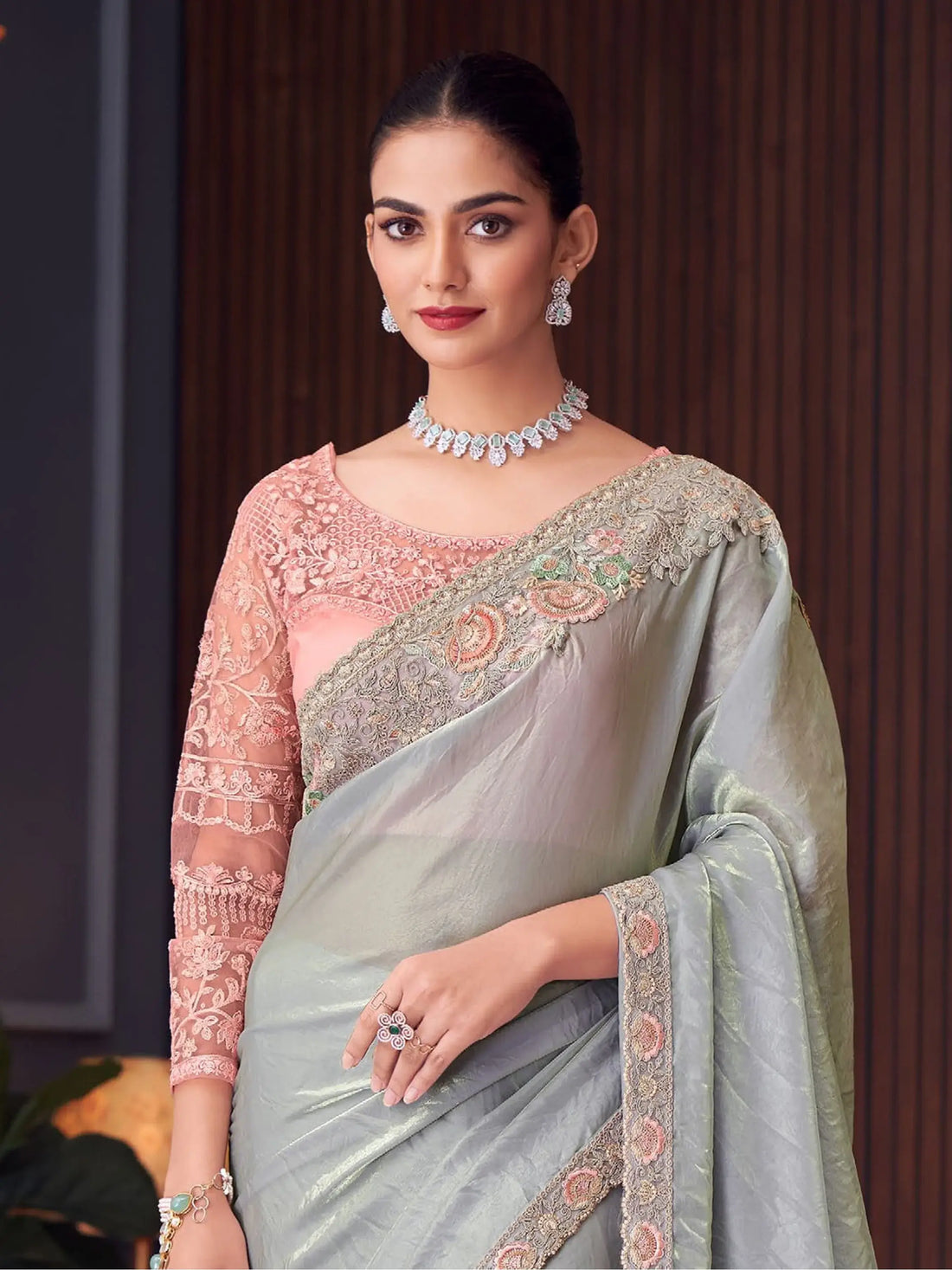 Amazing Grey Thread Work Satin Party Wear Saree With Blouse - Zeel Clothing