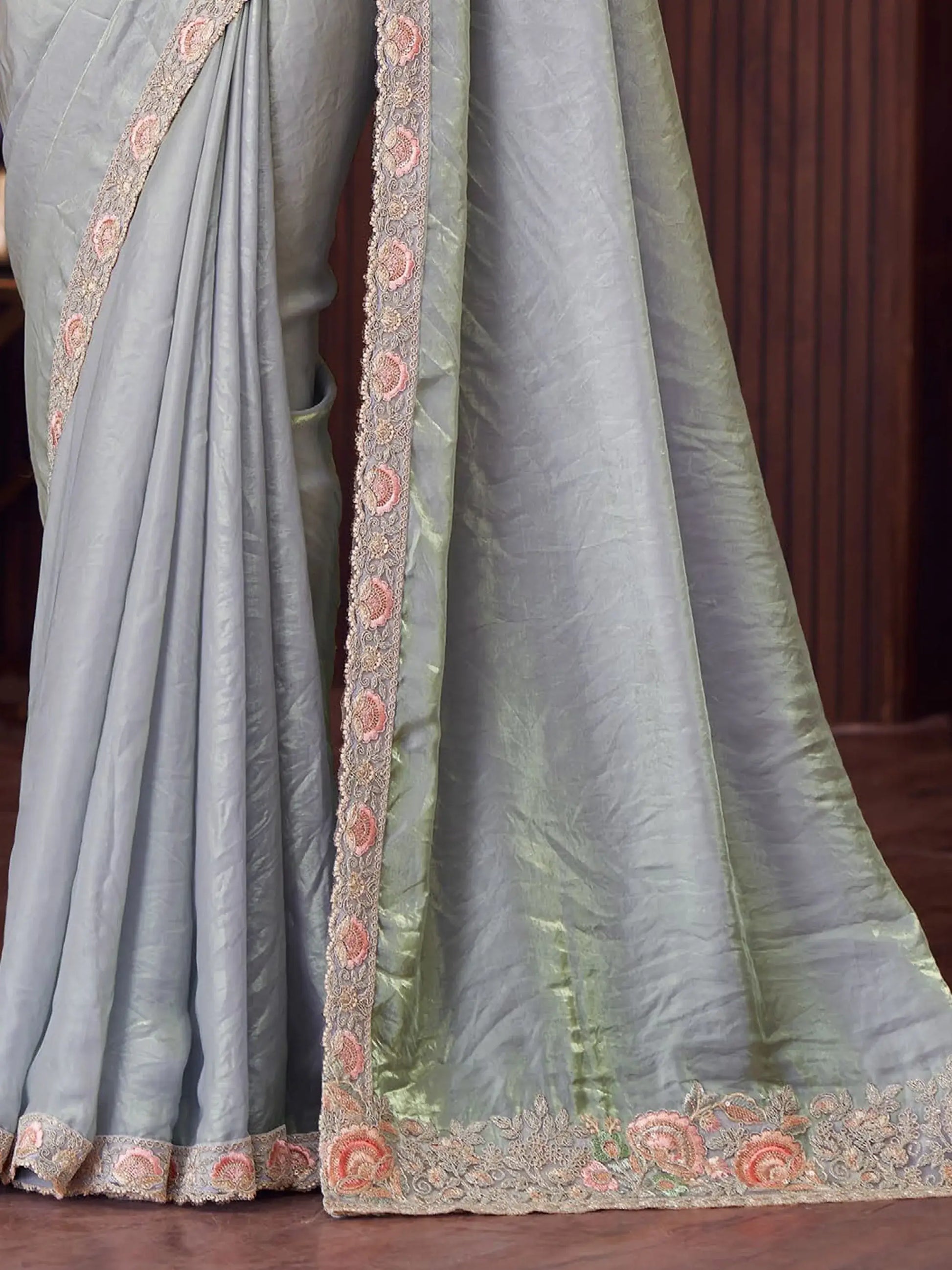 Amazing Grey Thread Work Satin Party Wear Saree With Blouse - Zeel Clothing