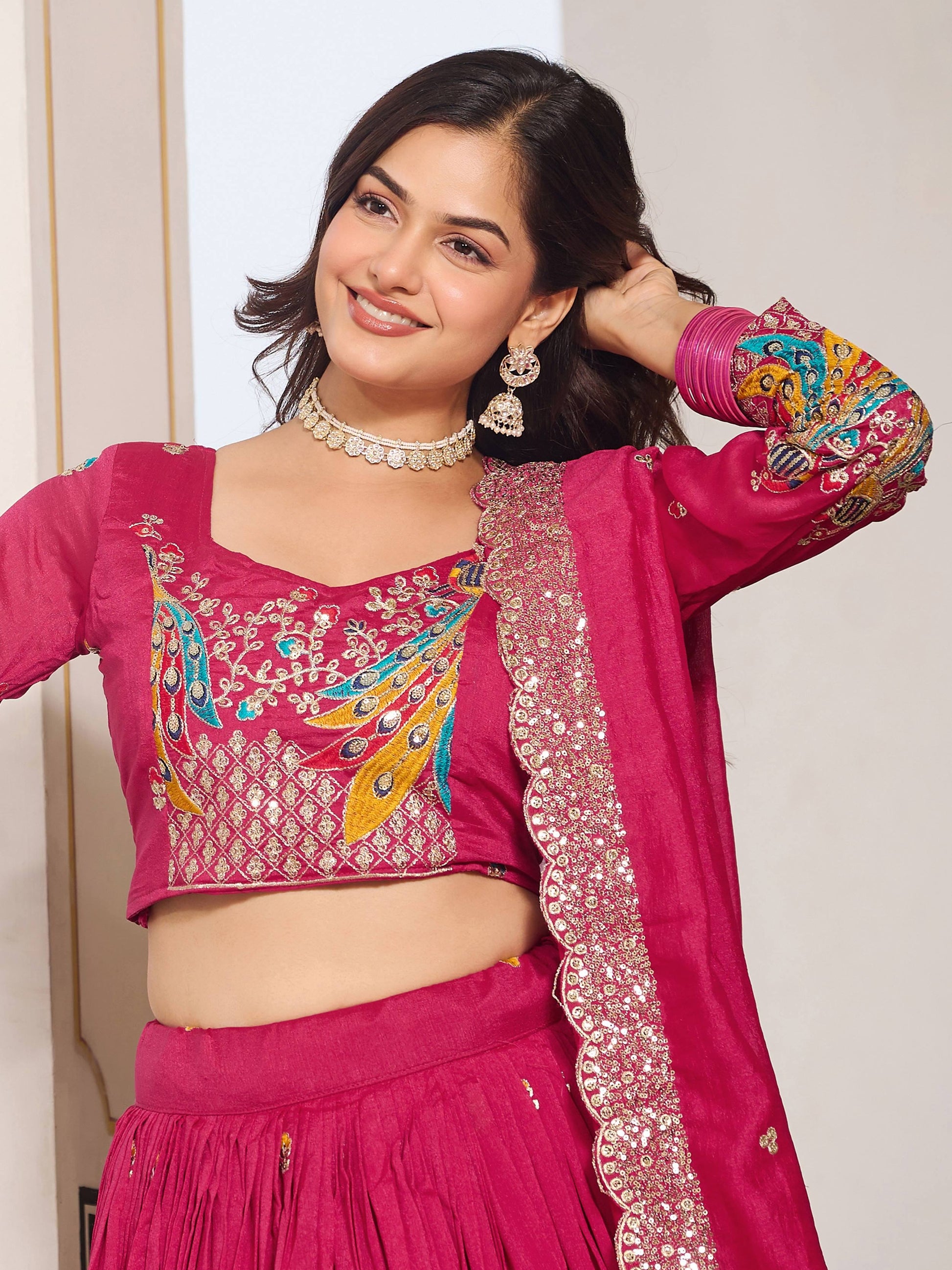 Amazing Hot Pink Sequins Work Vichitra Silk Designer Lehenga With Blouse - Zeel Clothing
