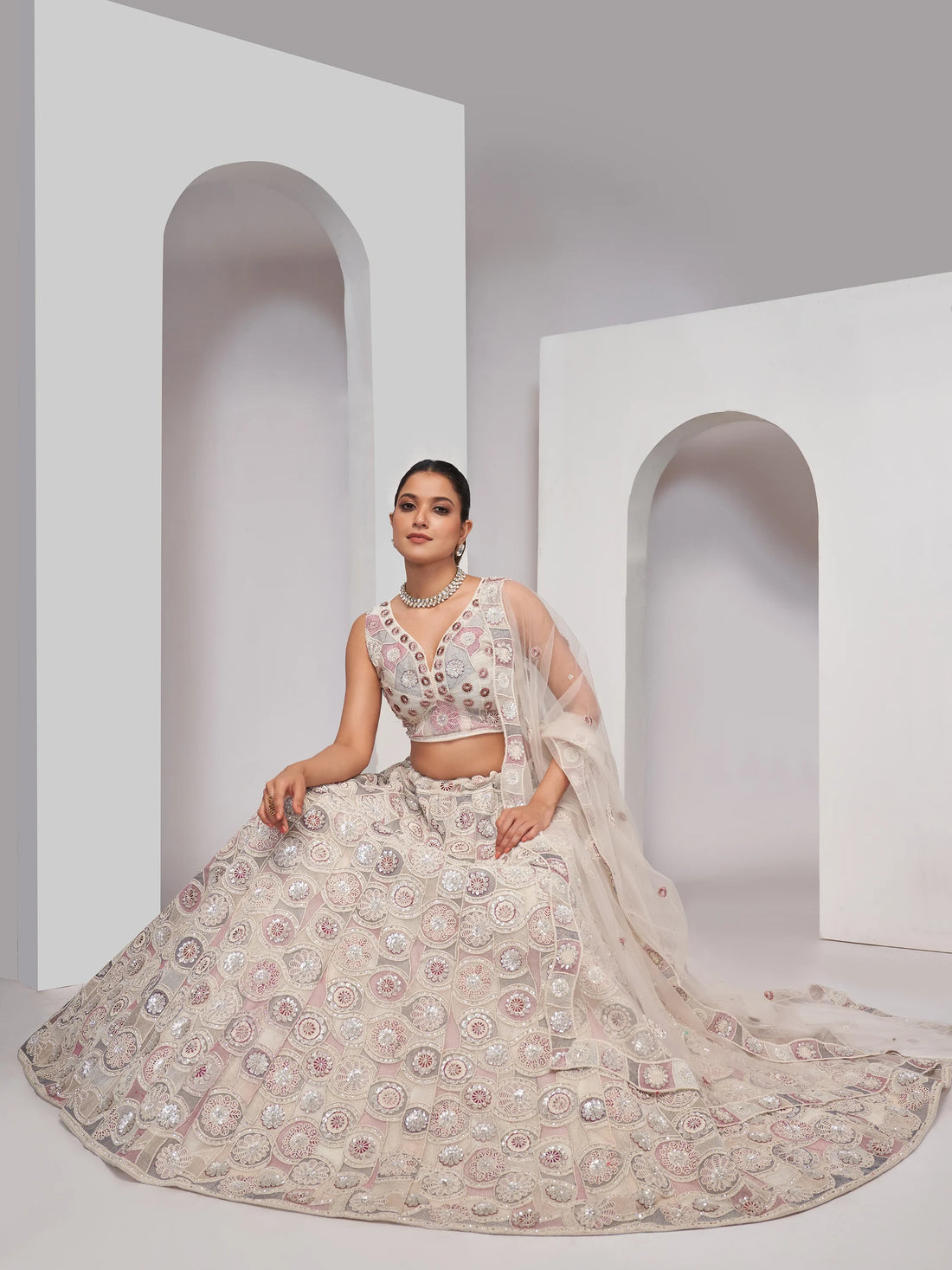 Amazing Ivory Embroidered Net Designer Lehenga Choli With Dupatta