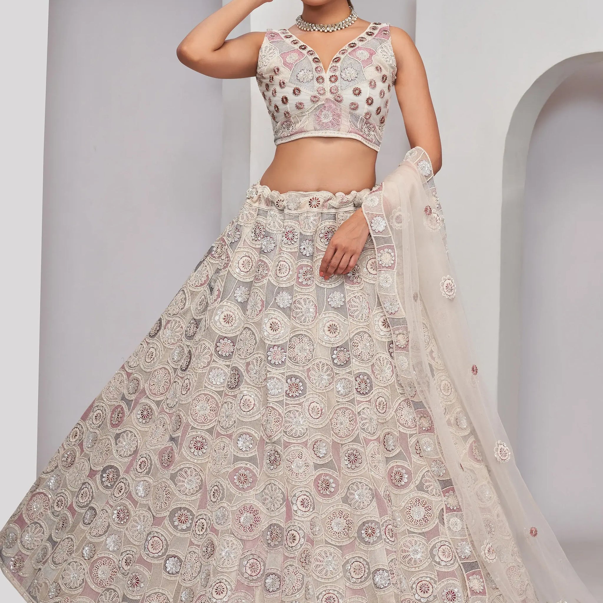 Amazing Ivory Embroidered Net Designer Lehenga Choli With Dupatta - Zeel Clothing