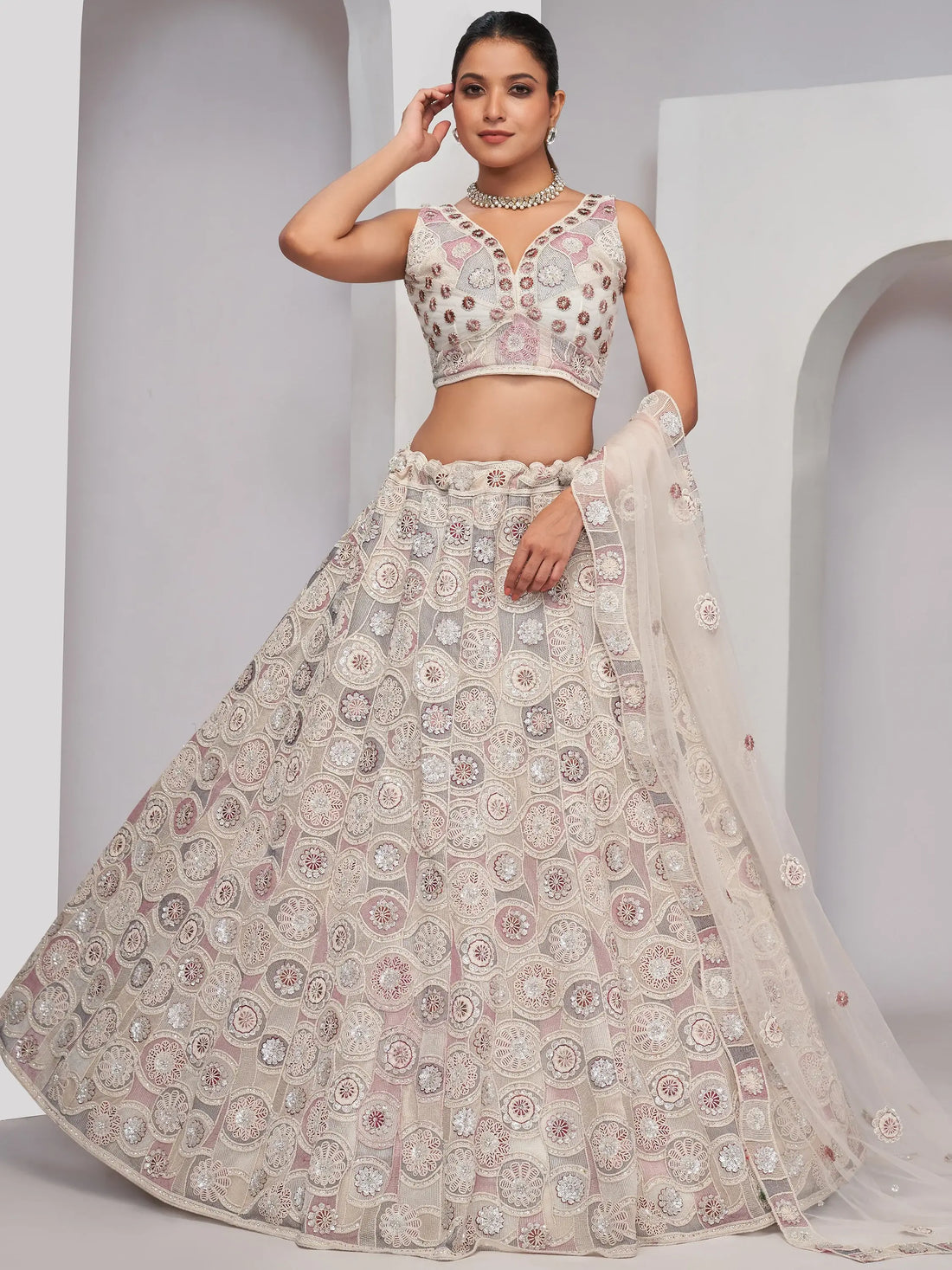 Amazing Ivory Embroidered Net Designer Lehenga Choli With Dupatta - Zeel Clothing
