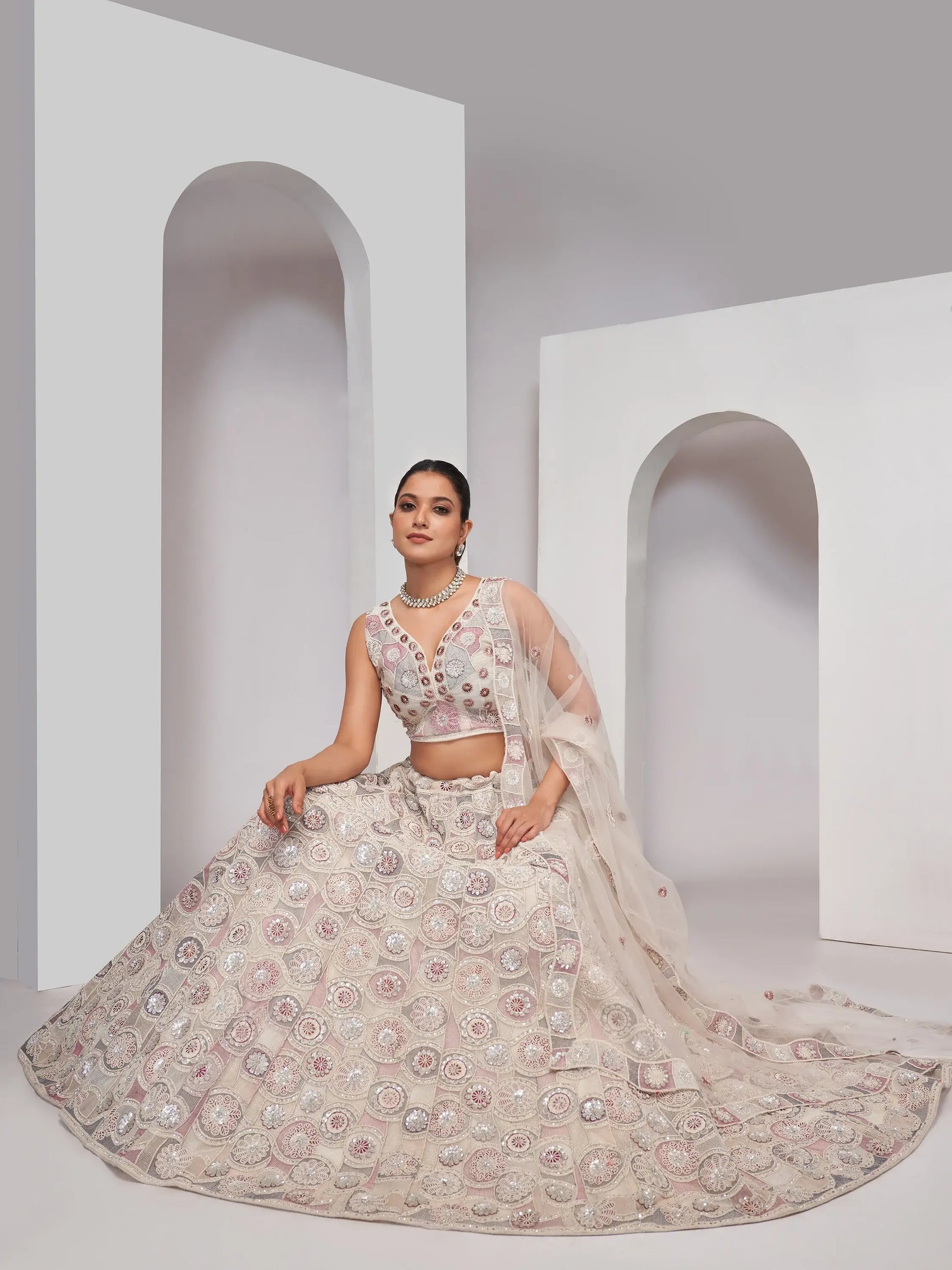 Amazing Ivory Embroidered Net Designer Lehenga Choli With Dupatta - Zeel Clothing