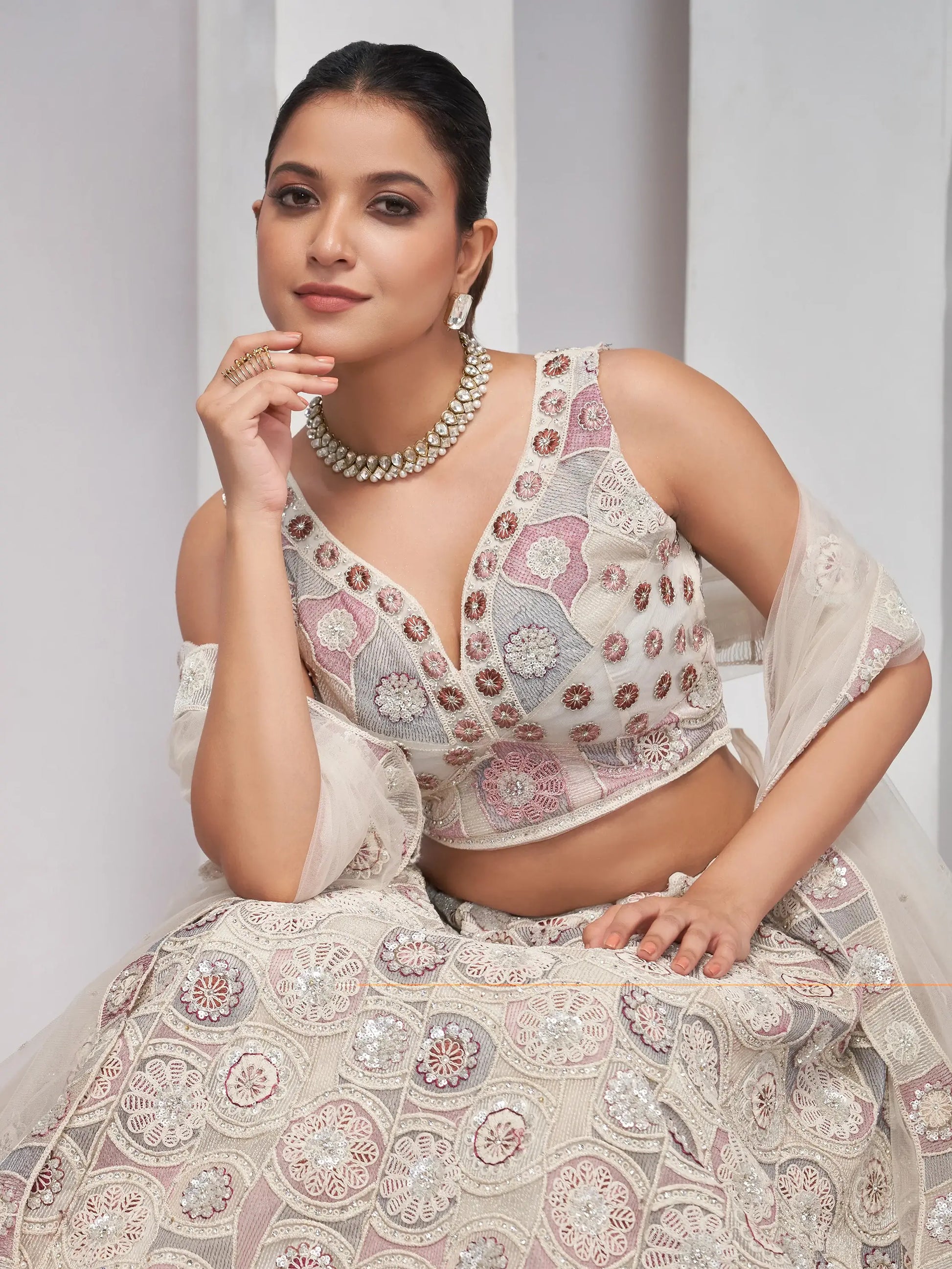 Amazing Ivory Embroidered Net Designer Lehenga Choli With Dupatta - Zeel Clothing