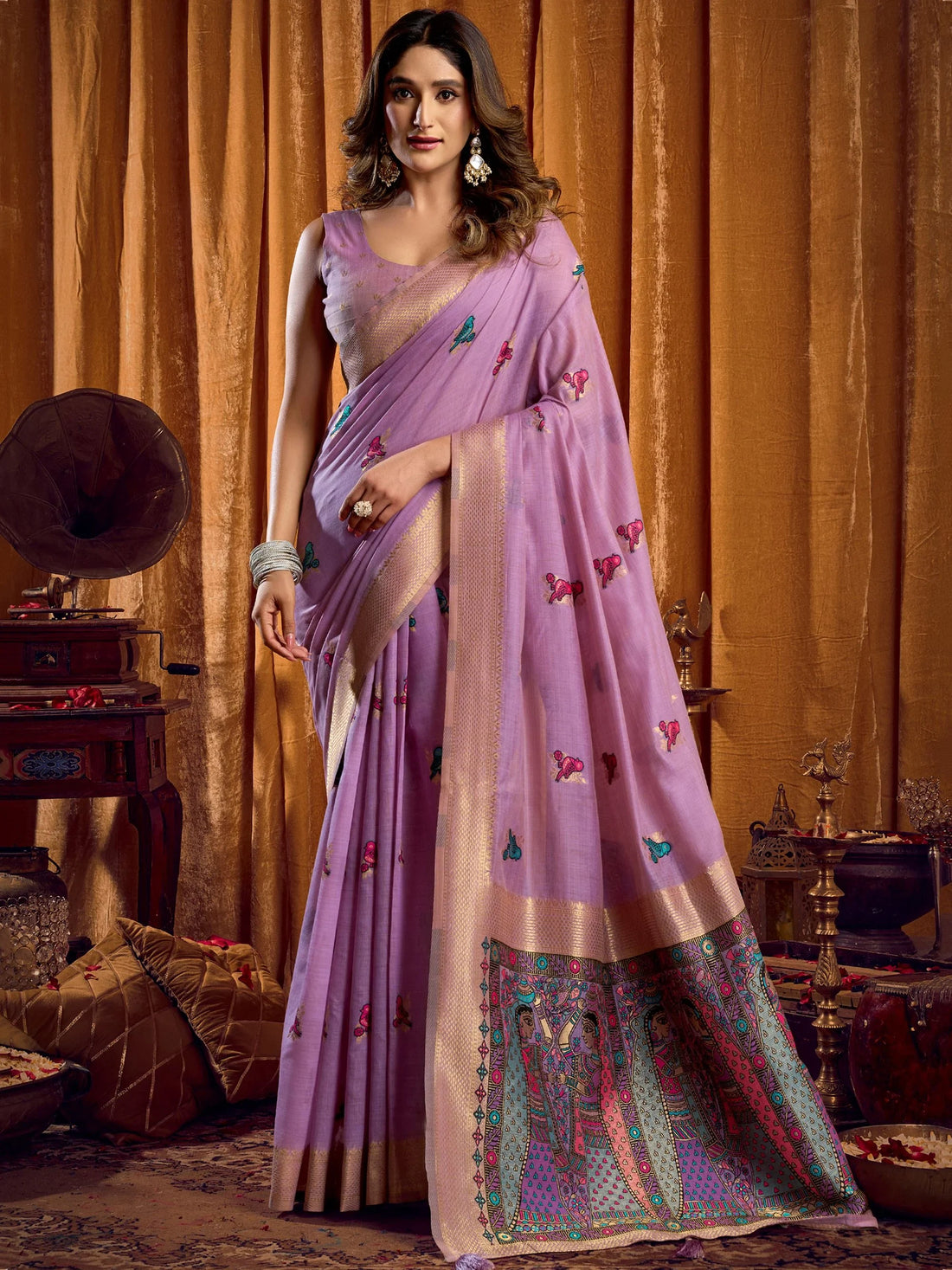 Amazing Lavender Khata Work Khadi Festive Wear Saree With Blouse