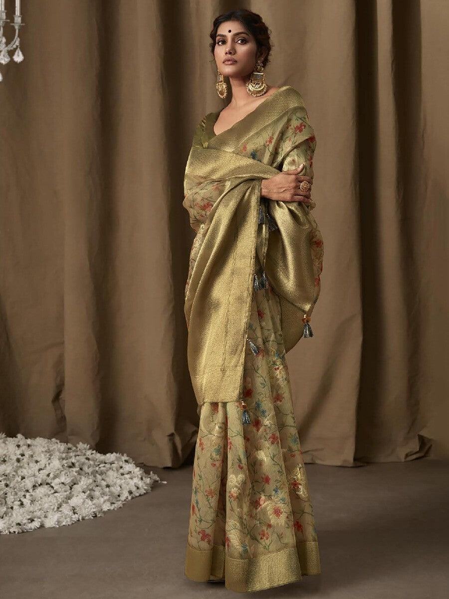 Amazing Light Green Floral Print Jacquard Saree With Blouse