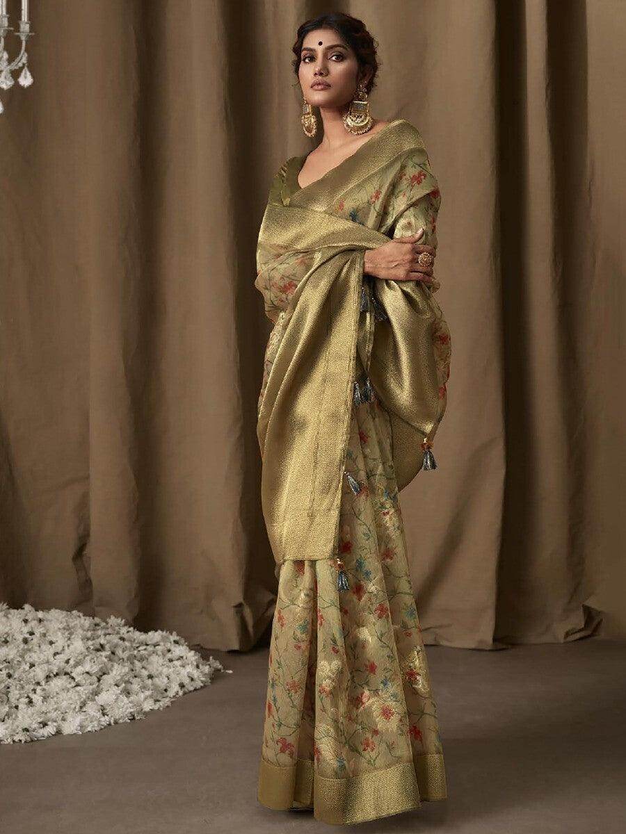Amazing Light Green Floral Print Jacquard Saree With Blouse - Zeel Clothing