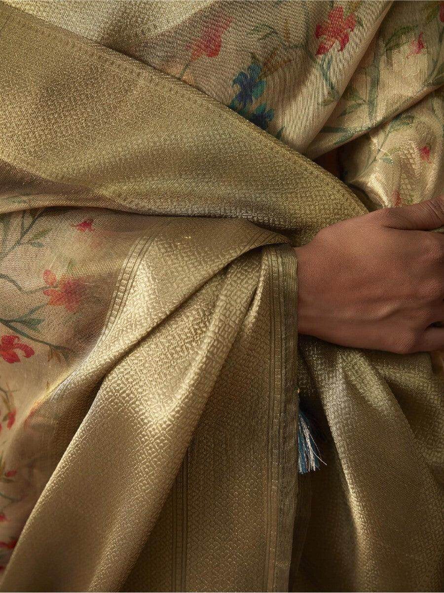 Amazing Light Green Floral Print Jacquard Saree With Blouse - Zeel Clothing
