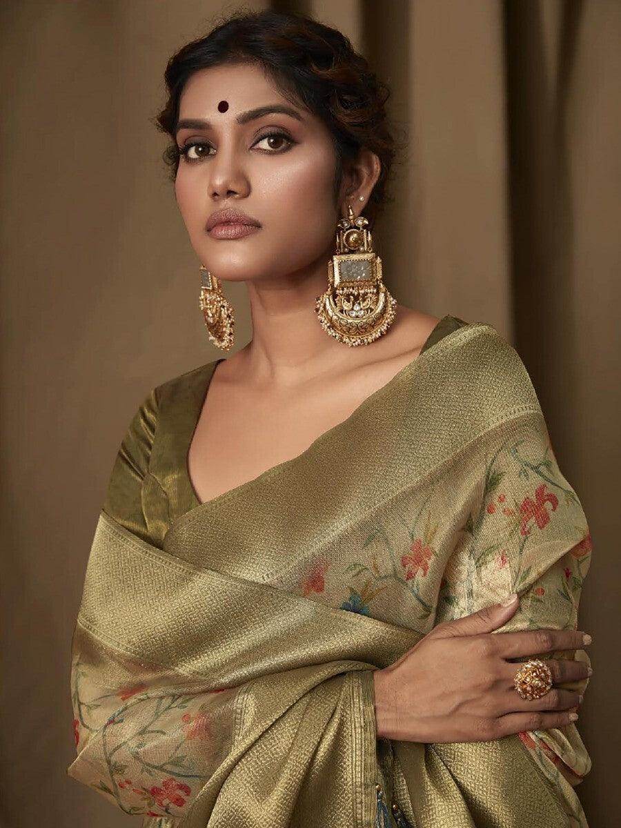 Amazing Light Green Floral Print Jacquard Saree With Blouse - Zeel Clothing