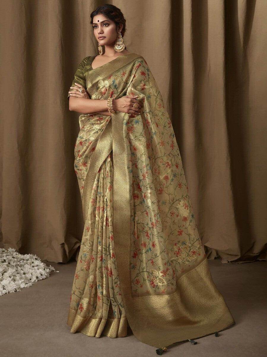 Amazing Light Green Floral Print Jacquard Saree With Blouse - Zeel Clothing