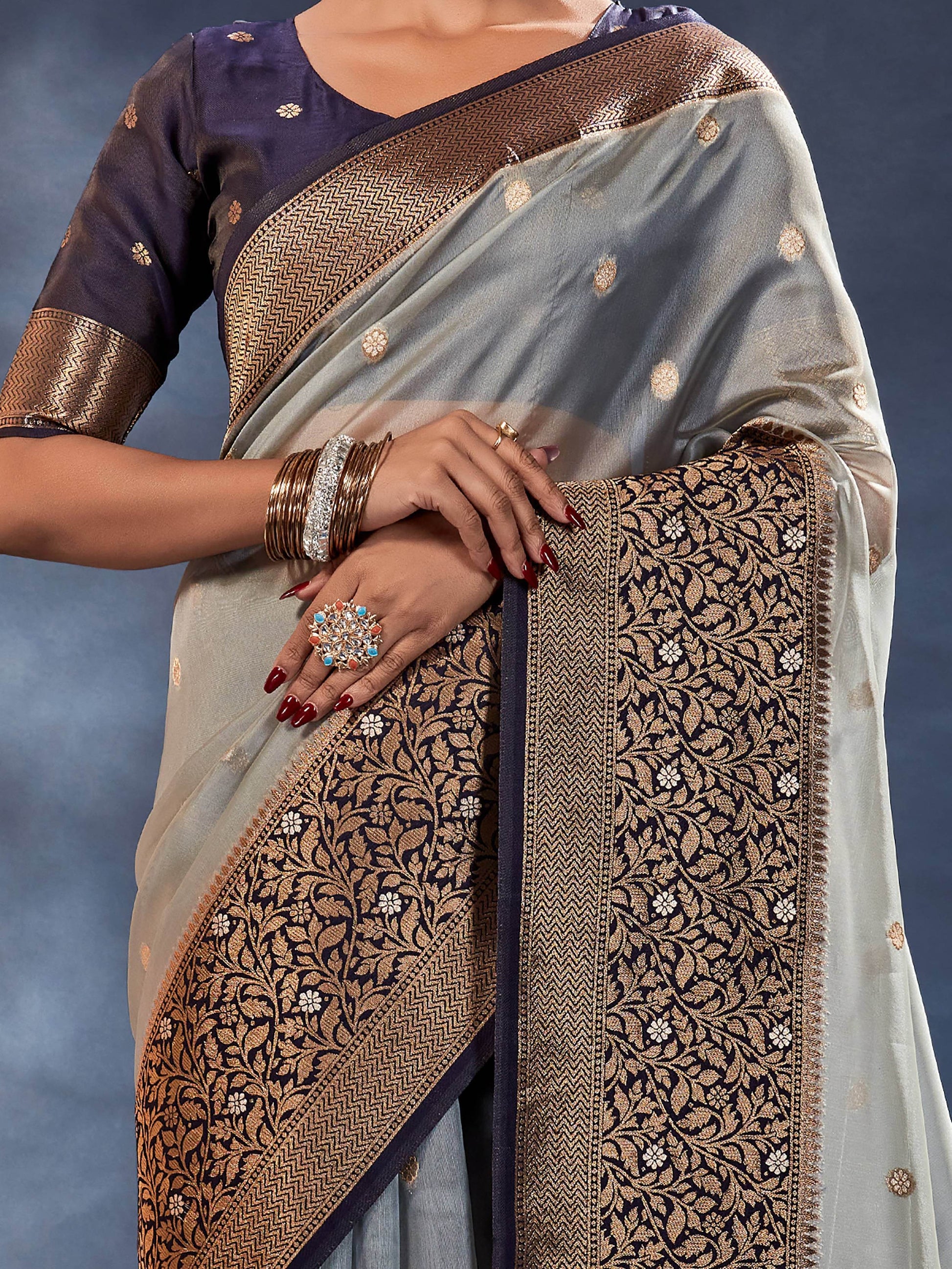 Amazing Light Grey Woven Organza Silk Wedding Wear Saree With Blouse - Zeel Clothing