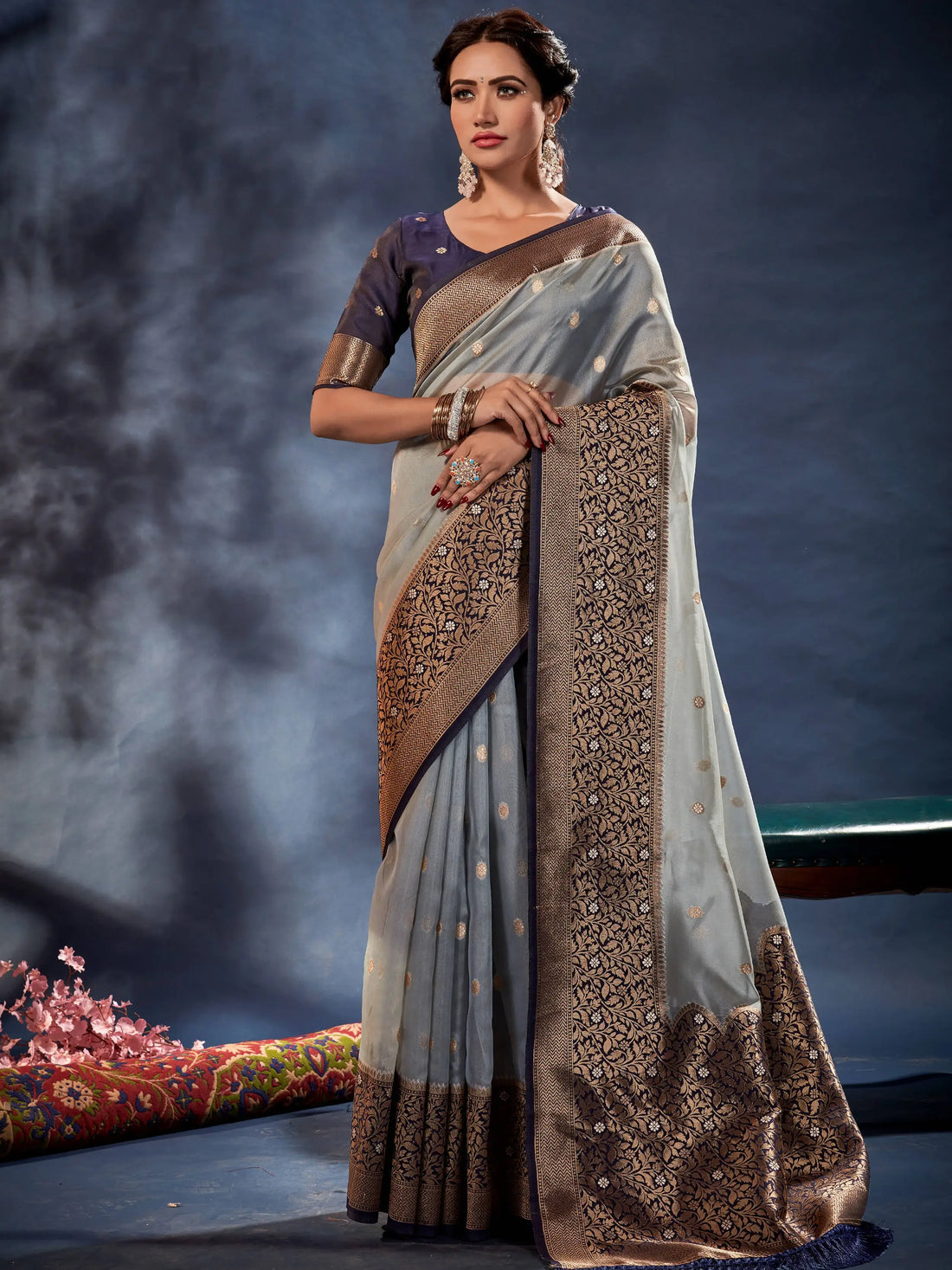 Amazing Light Grey Woven Organza Silk Wedding Wear Saree With Blouse - Zeel Clothing