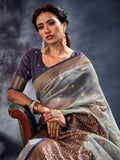 Amazing Light Grey Woven Organza Silk Wedding Wear Saree With Blouse - Zeel Clothing