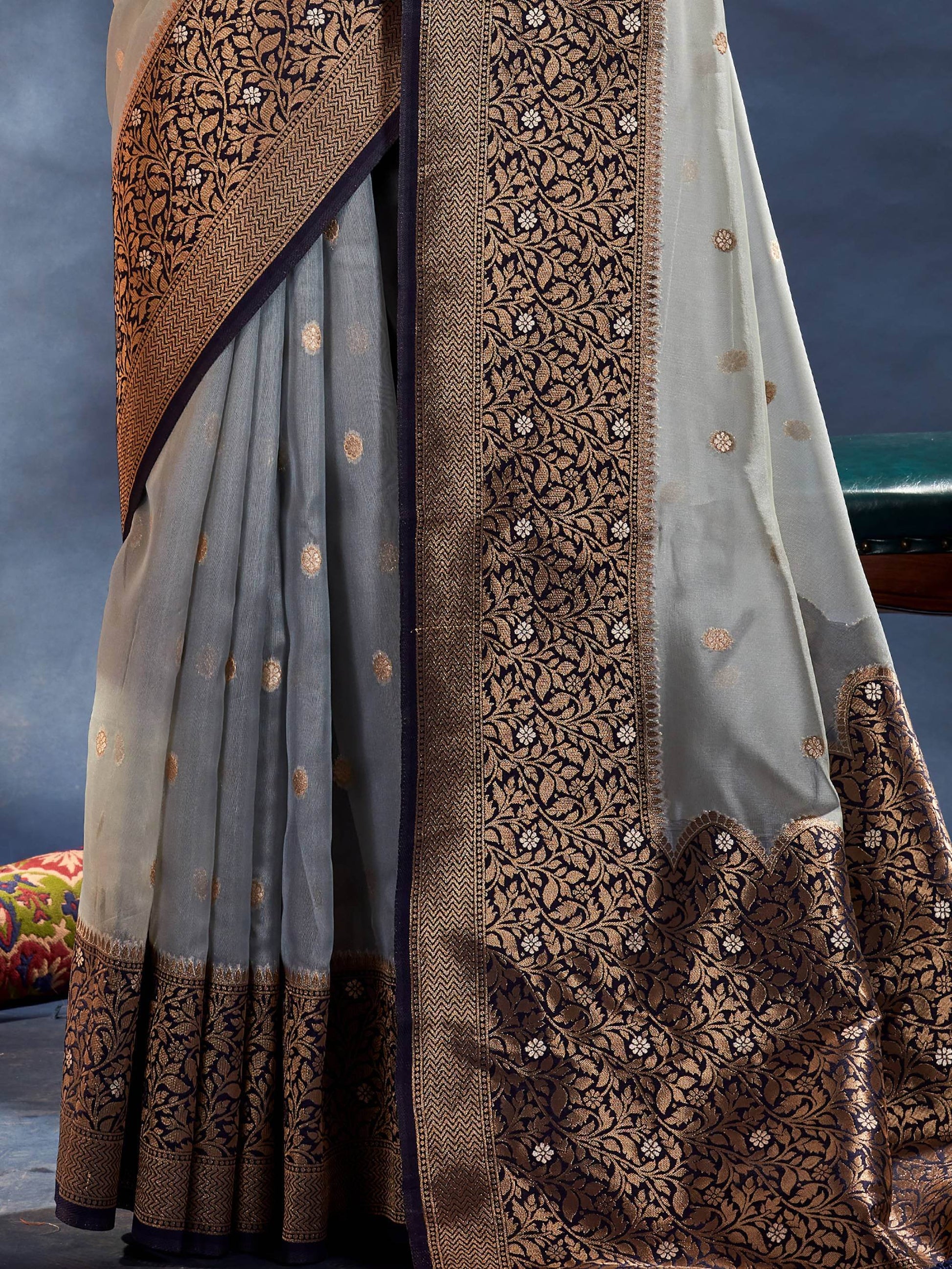 Amazing Light Grey Woven Organza Silk Wedding Wear Saree With Blouse - Zeel Clothing