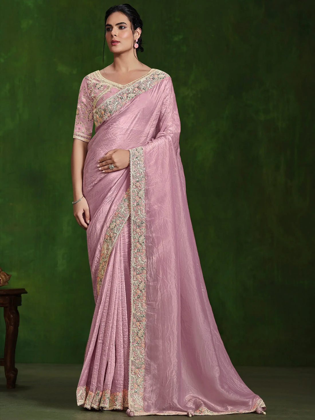 Amazing Light Pink Heavy Border Work Satin Festival Wear Saree - Zeel Clothing