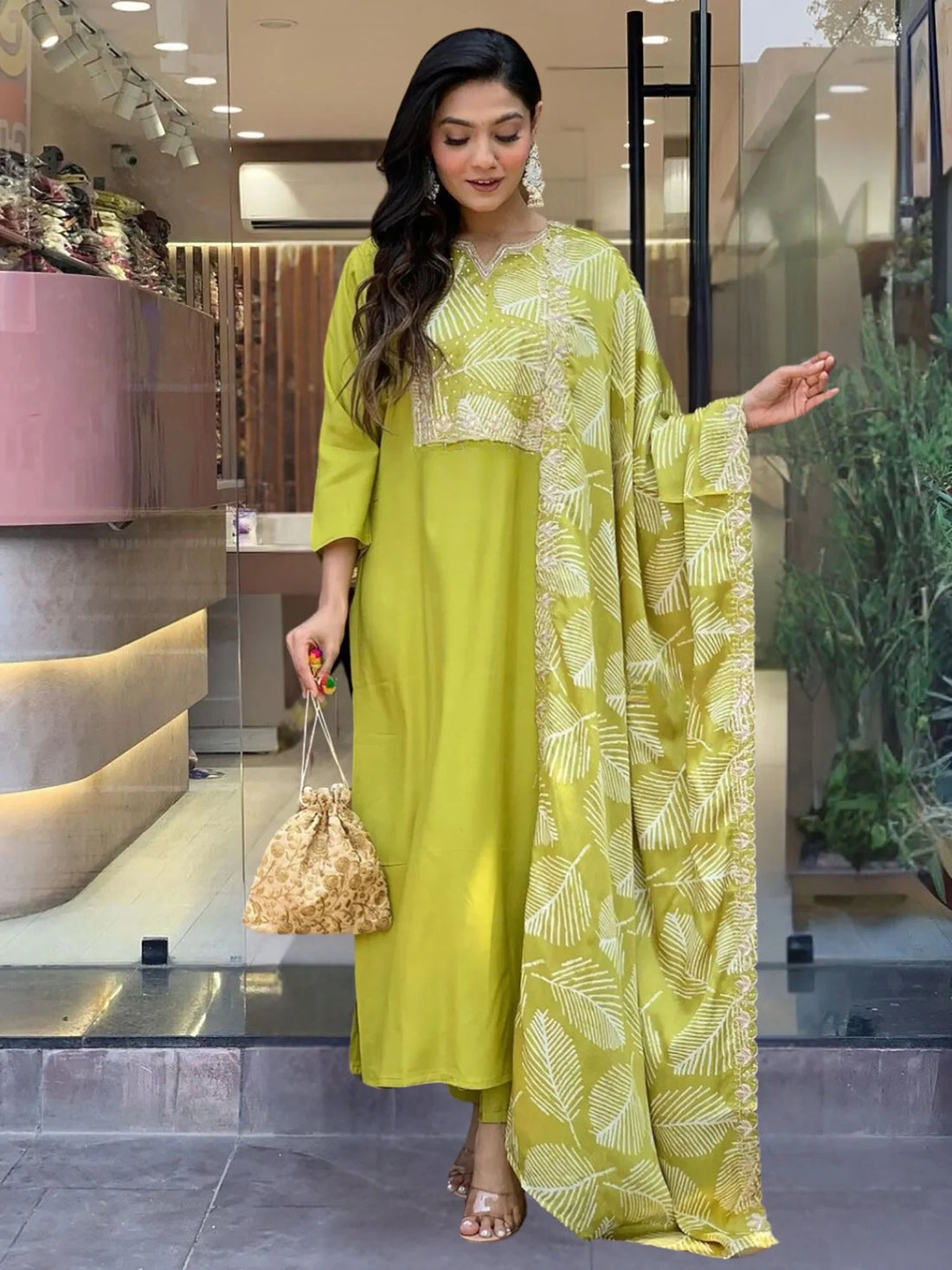 Amazing Lime Green Printed Viscose Festival Wear Pant Suit With Dupatta - Zeel Clothing